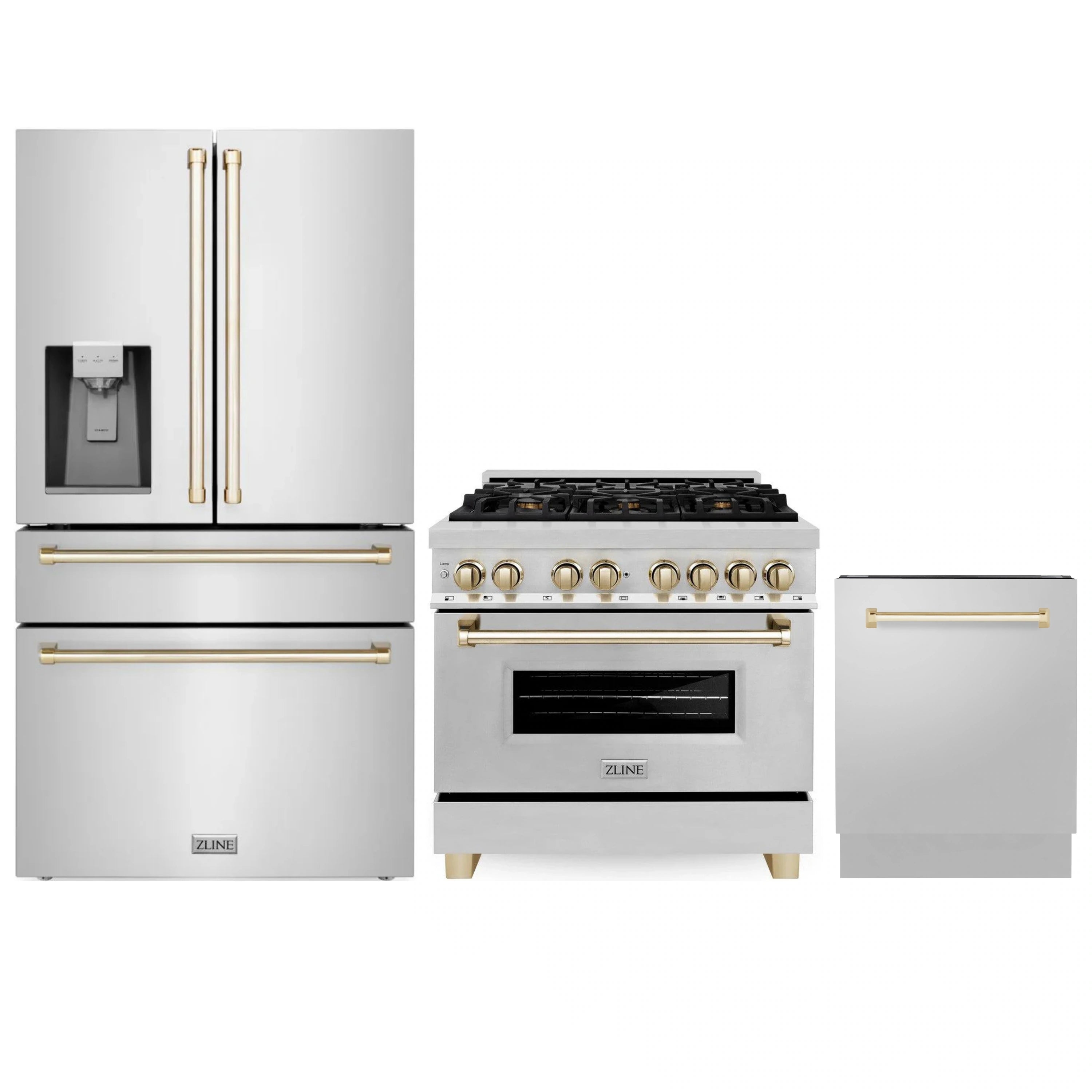 Stainless appliance package with refrigerator, dual-fuel range, and dishwasher in gold accents