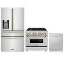 ZLINE 3-Piece Appliance Package - 36-Inch Legacy Autograph Dual Fuel Range, 36-Inch French Door Refrigerator with Water Dispenser, Dishwasher, in Stainless Steel with Gold Accents
