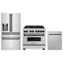 ZLINE 3-Piece Appliance Package - 36-Inch Legacy Autograph Dual Fuel Range, 36-Inch French Door Refrigerator with Water Dispenser, Dishwasher, in Stainless Steel with Matte Black Accents