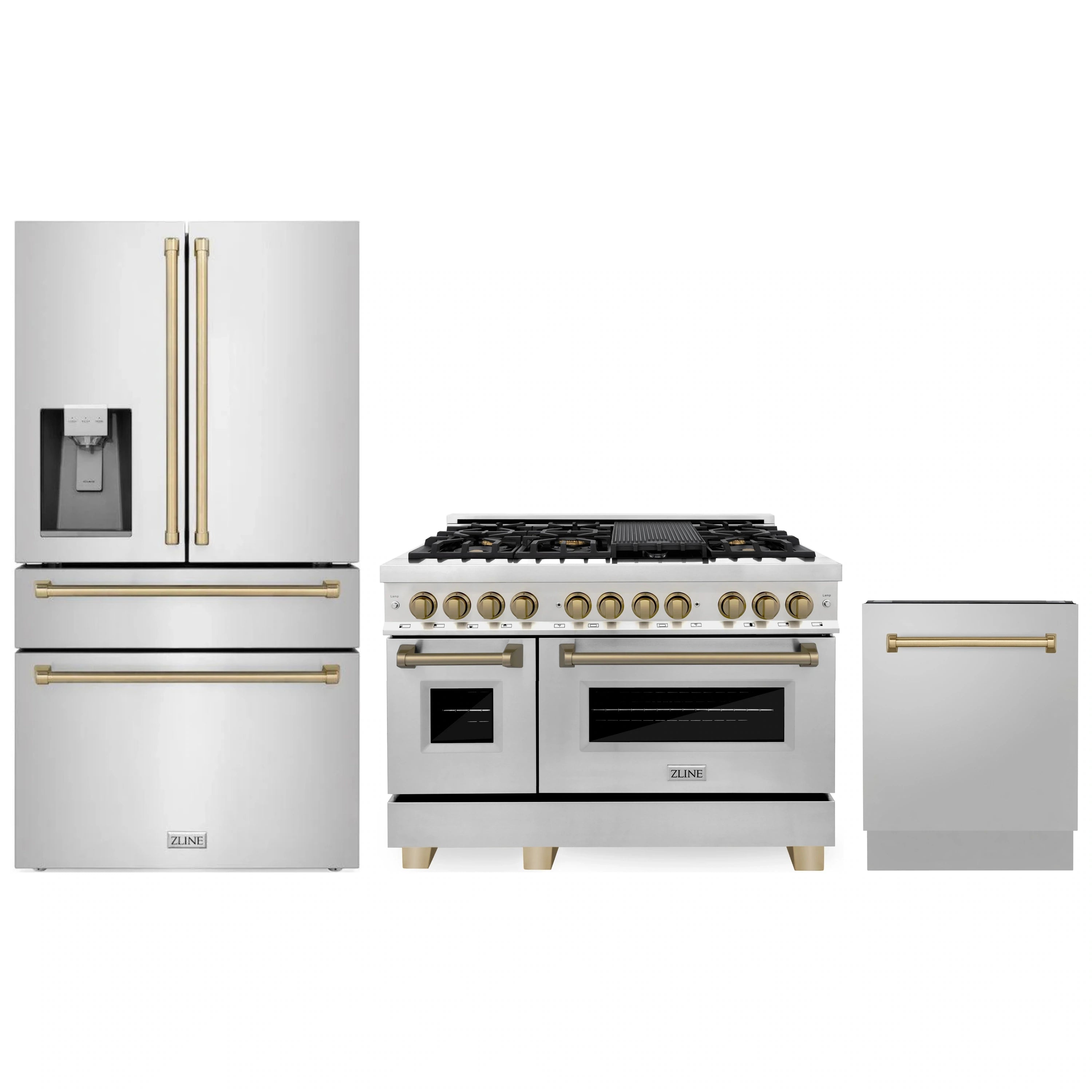 Stainless steel refrigerator, dual fuel range, and dishwasher with bronze bar handles