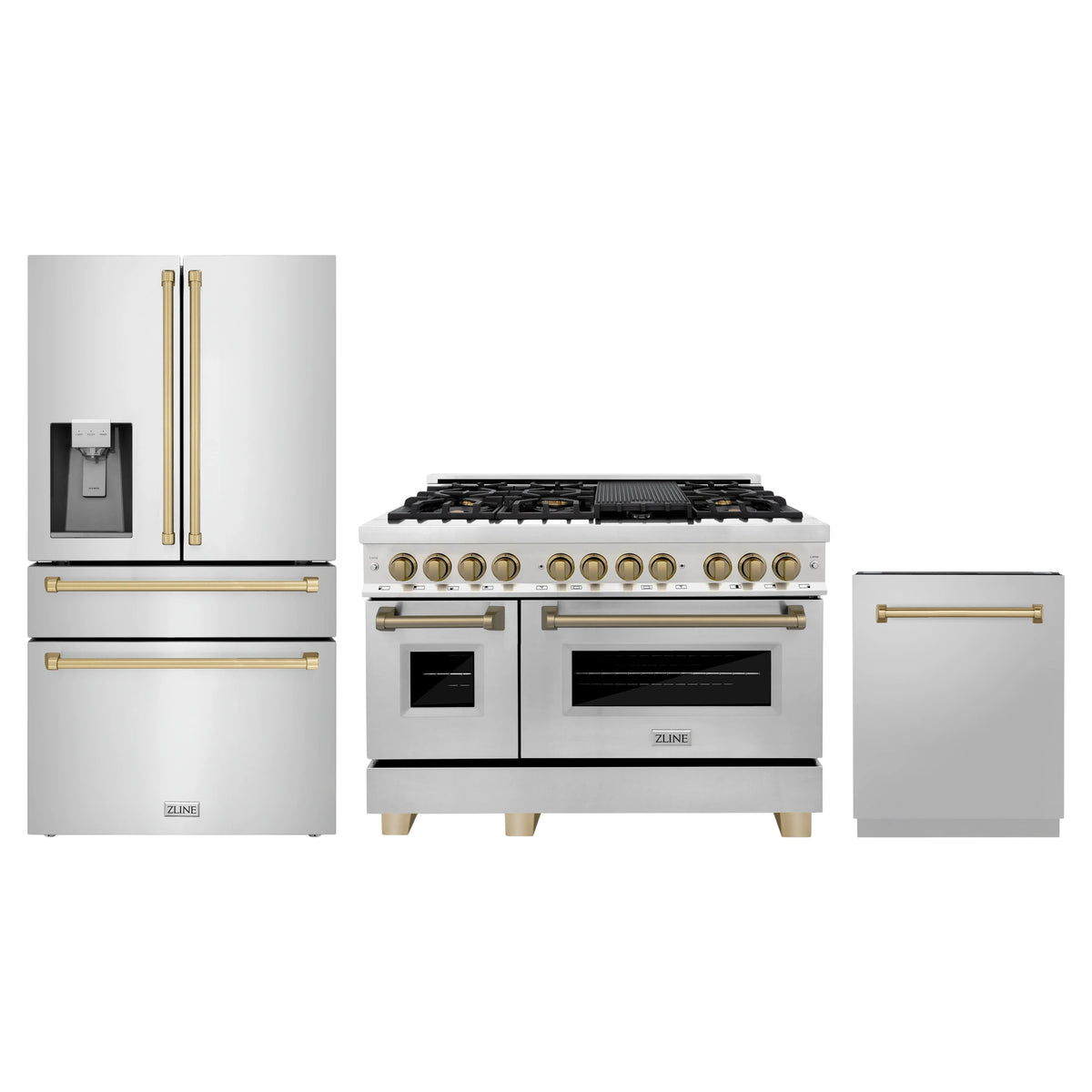 ZLINE 3-Piece Appliance Package - 48-Inch Legacy Autograph Dual Fuel Range, 36-Inch French Door Refrigerator with Water Dispenser, Dishwasher, in Stainless Steel with Champagne Bronze Accents