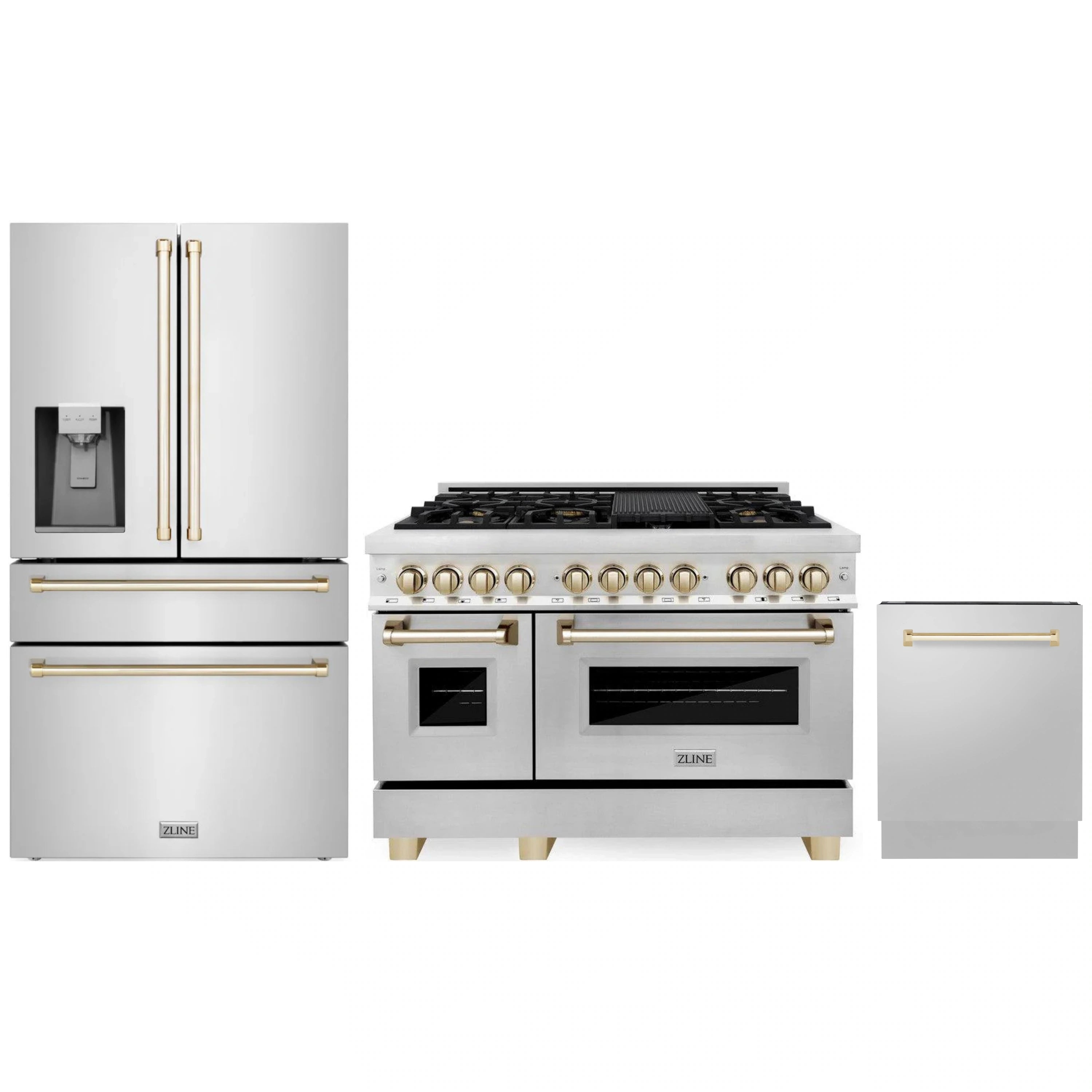 Stainless steel dual fuel range with gold accents, plus fridge and dishwasher