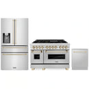 ZLINE 3-Piece Appliance Package - 48-Inch Legacy Autograph Dual Fuel Range, 36-Inch French Door Refrigerator with Water Dispenser, Dishwasher, in Stainless Steel with Gold Accents