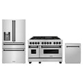 ZLINE 3-Piece Appliance Package - 48-Inch Legacy Autograph Dual Fuel Range, 36-Inch French Door Refrigerator with Water Dispenser, Dishwasher, in Stainless Steel with Matte Black Accents