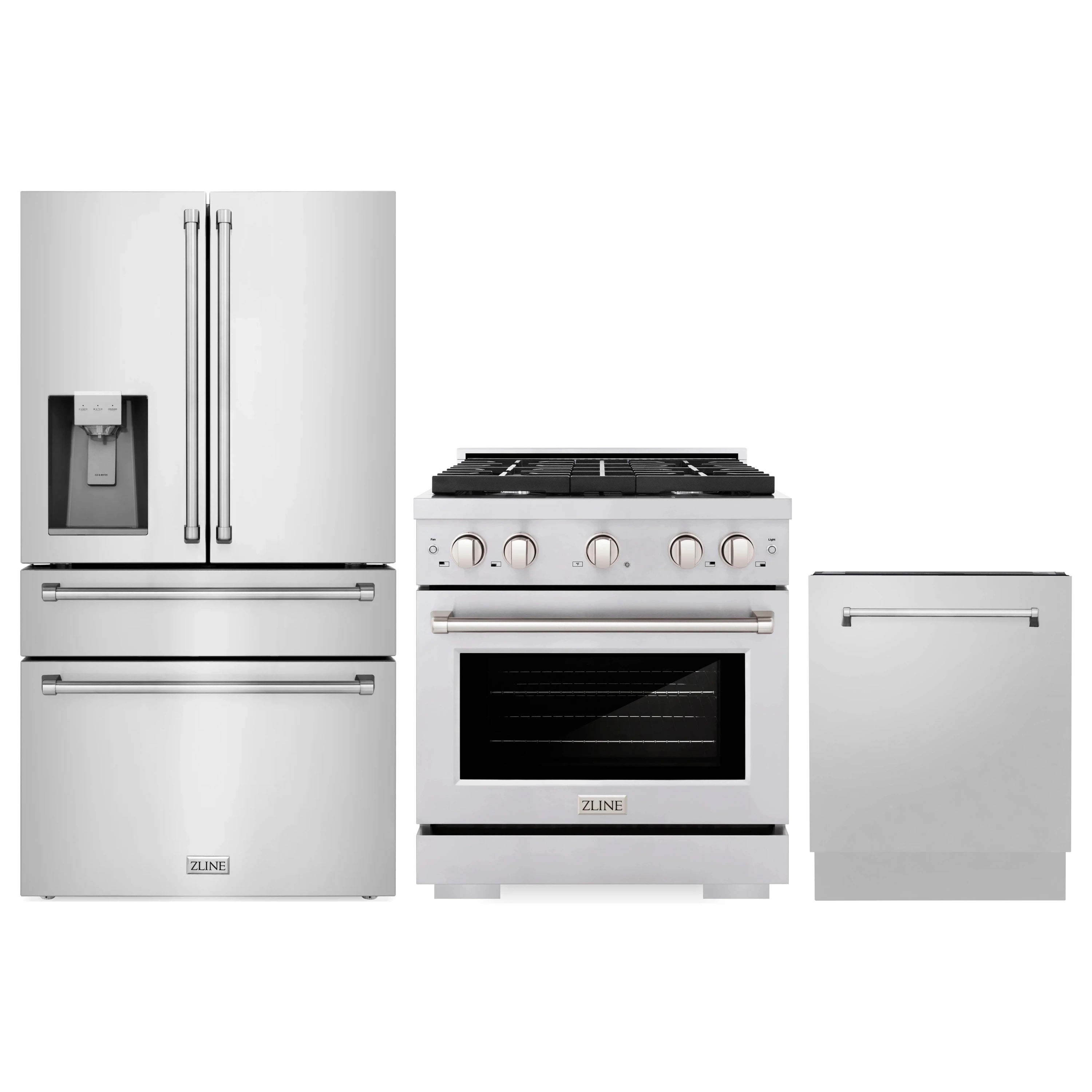 3-piece stainless steel appliance package with French door refrigerator, range, and dishwasher