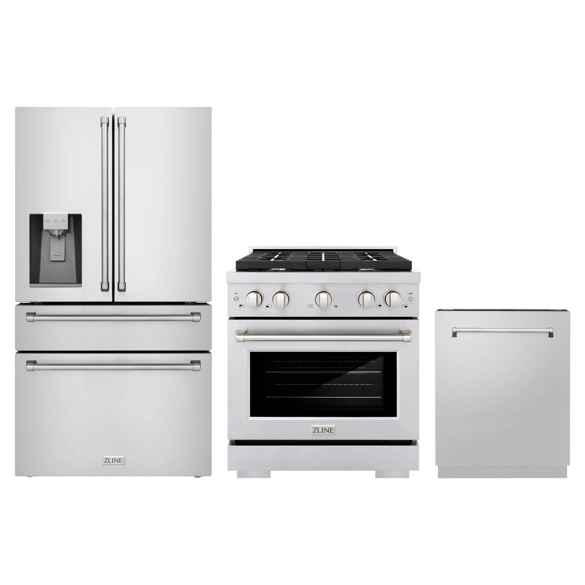 ZLINE 3-Piece Appliance Package - 30-Inch Paramount Dual Fuel Range, 36-Inch French Door Refrigerator with Water Dispenser, Dishwasher, in Stainless Steel