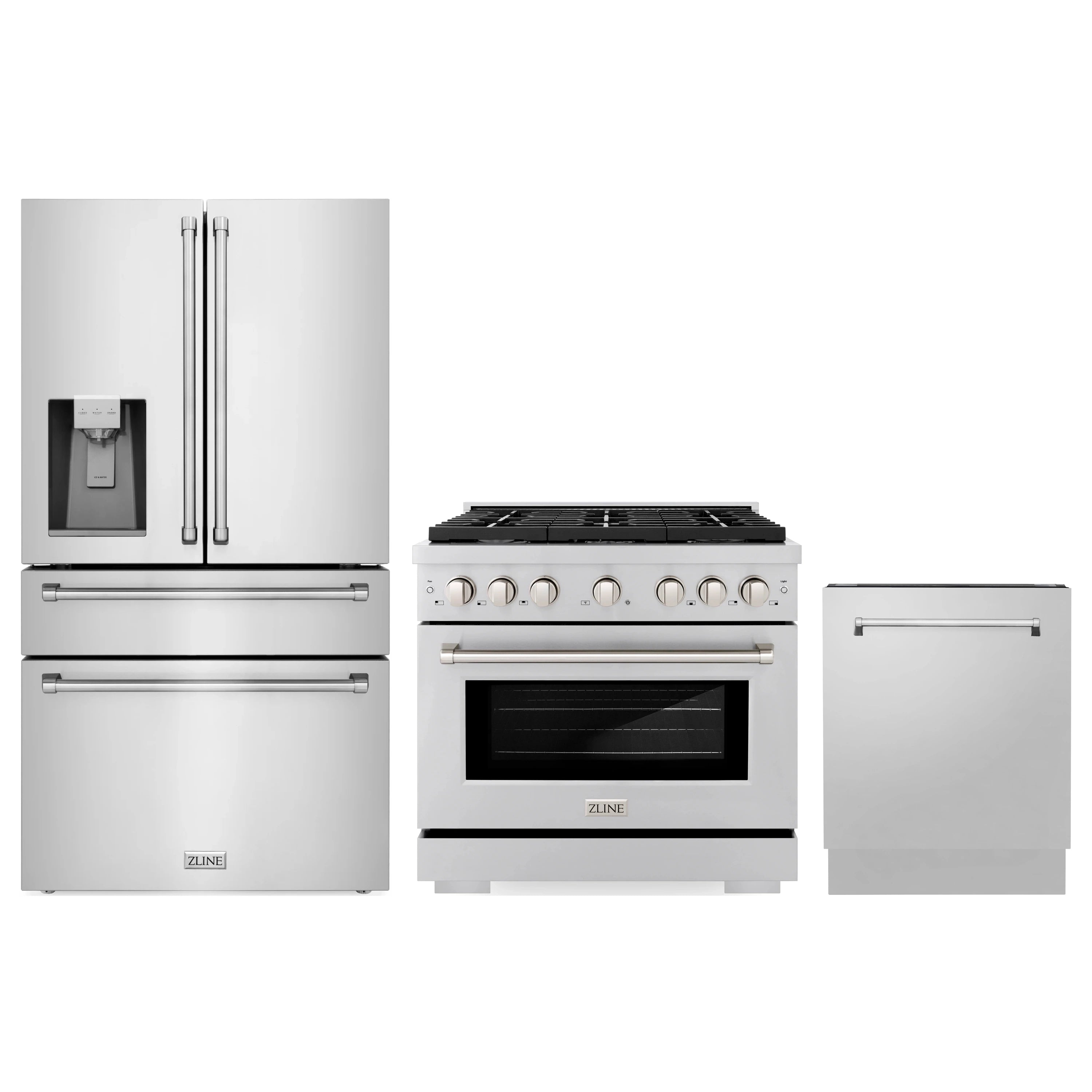 Stainless steel refrigerator, dual-fuel range, and dishwasher package with matching handles