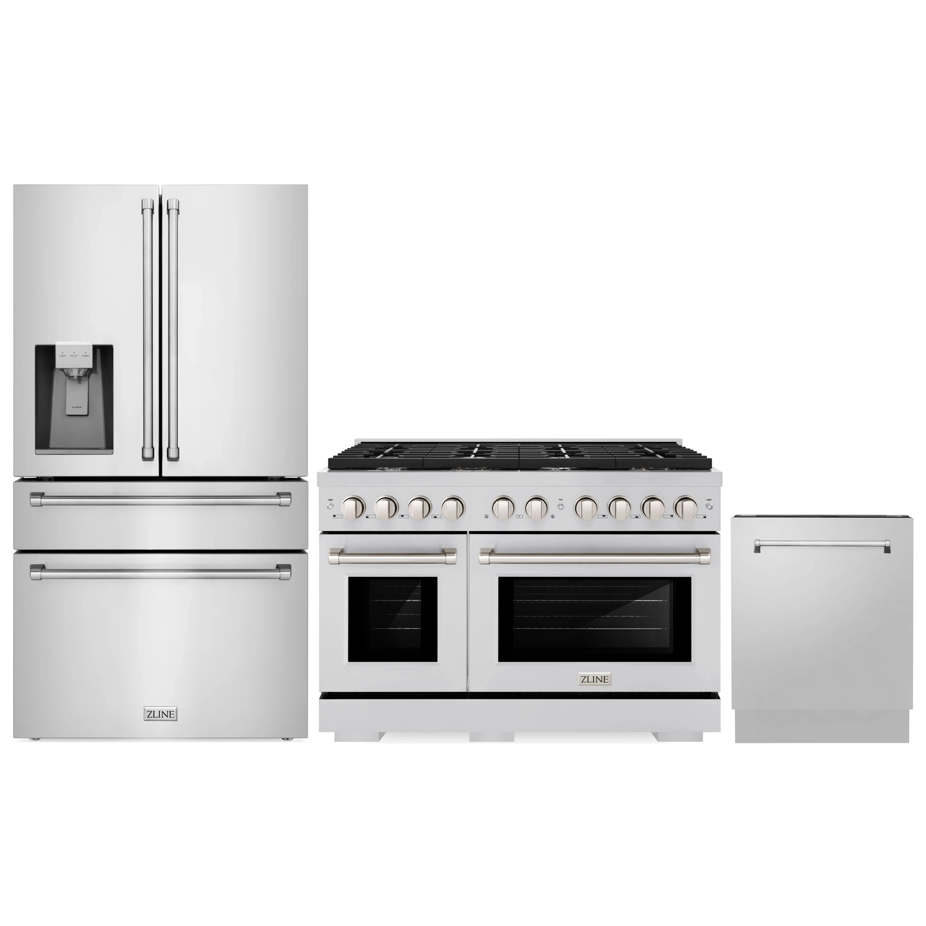 Stainless steel 3-piece appliance package: refrigerator, dual-fuel range, and dishwasher