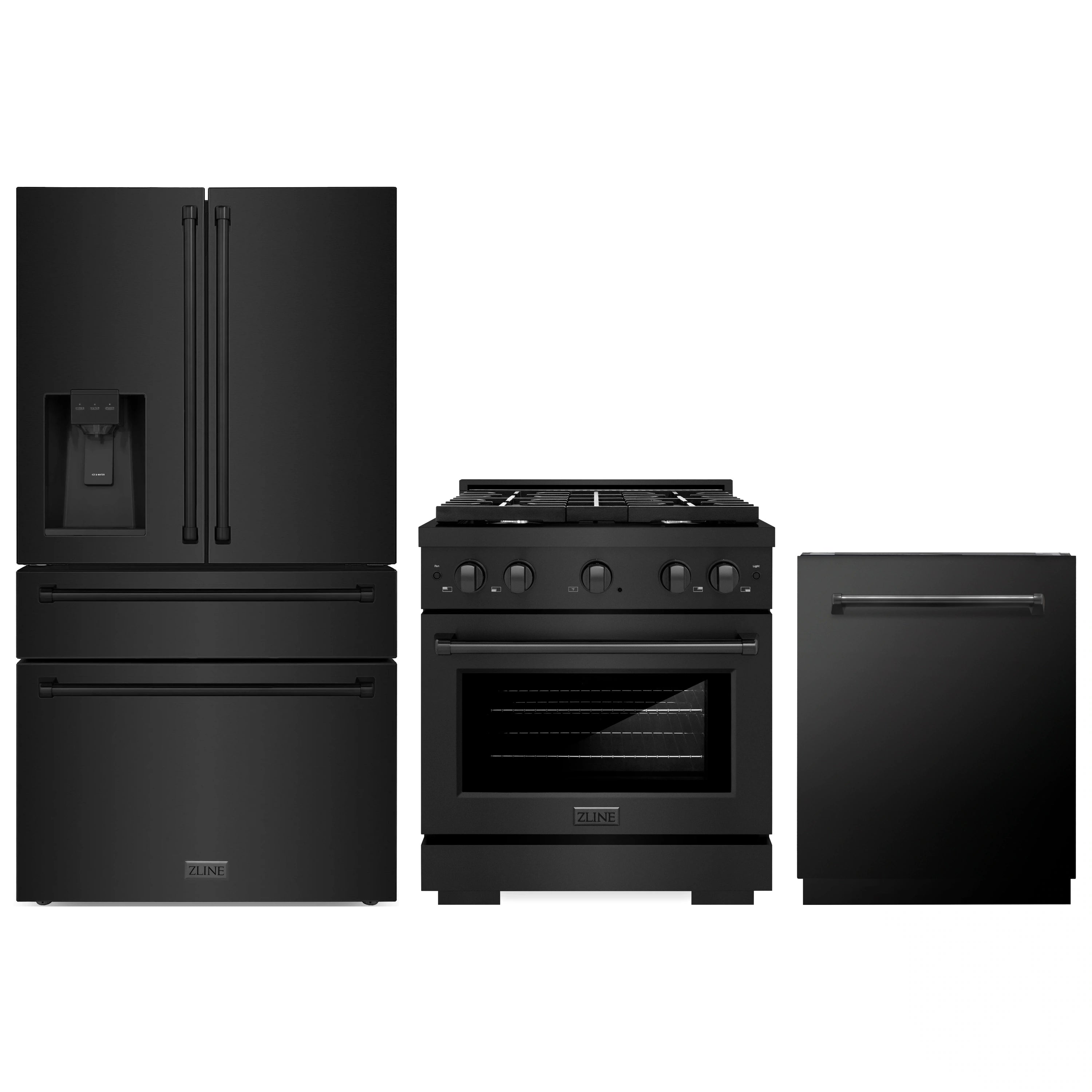 3-piece black stainless appliance set: refrigerator, dual-fuel range, and dishwasher