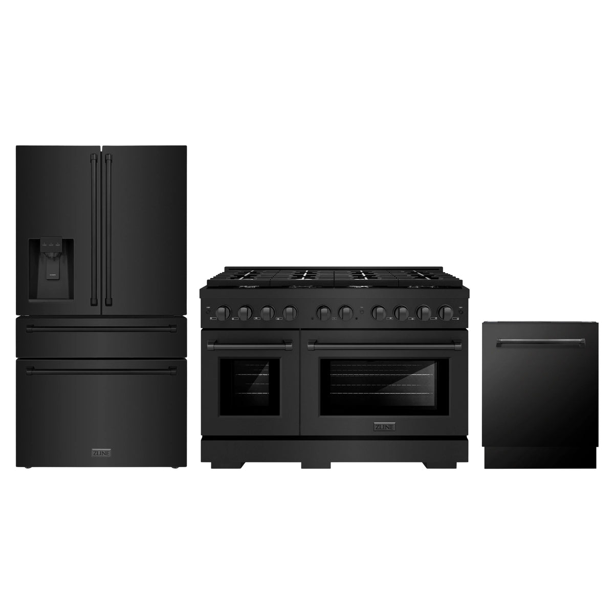 ZLINE 3-Piece Appliance Package - 48-Inch Paramount Dual Fuel Range, 36-Inch French Door Refrigerator with Water Dispenser, Dishwasher, in Black Stainless Steel
