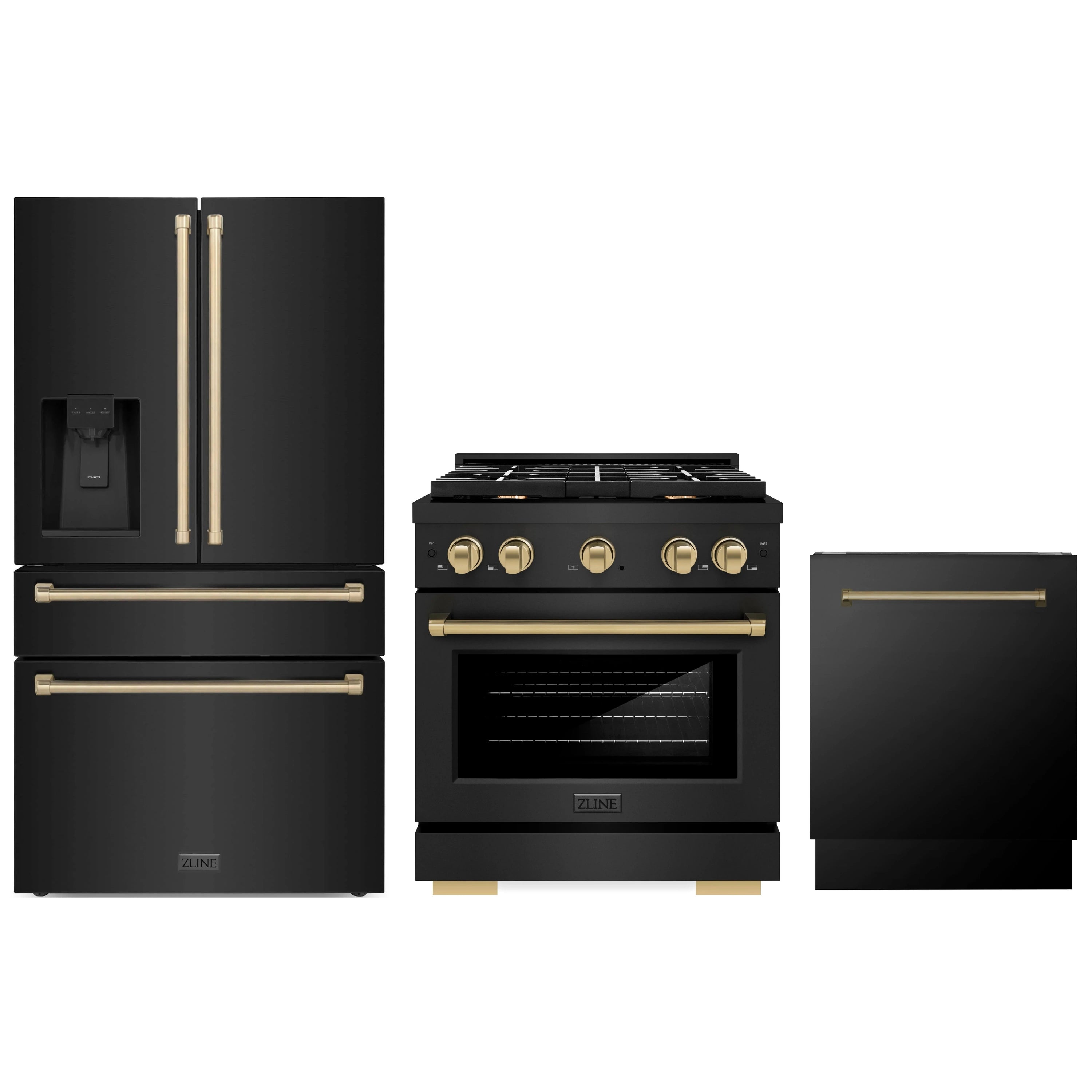 Black stainless dual fuel range, French-door refrigerator, and dishwasher with bronze accents