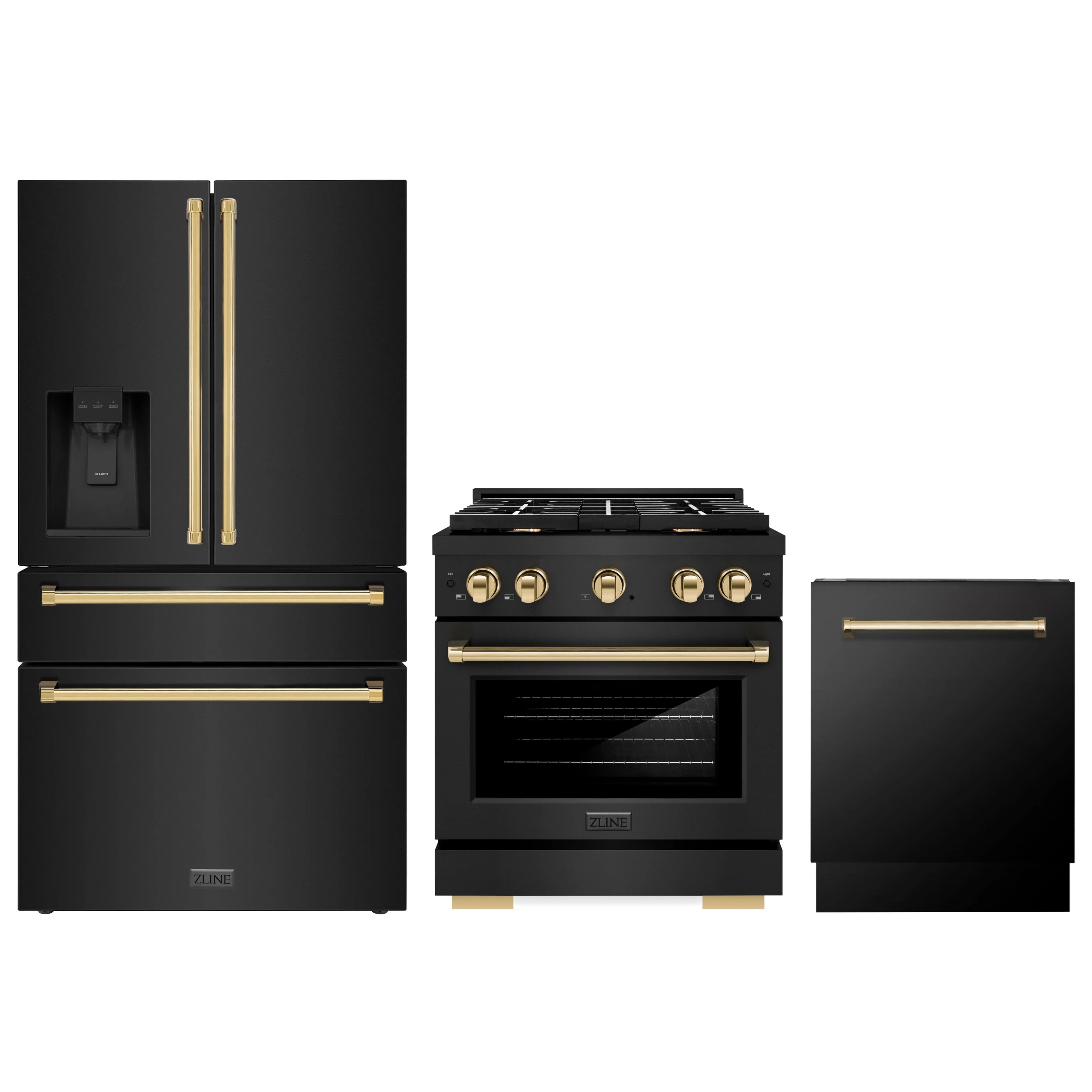 3-piece kitchen set: black stainless range, fridge, and dishwasher with gold accents