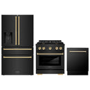 ZLINE 3-Piece Appliance Package - 30-Inch Paramount Dual Fuel Range, 36-Inch French Door Refrigerator with Water Dispenser, Dishwasher, in Black Stainless Steel with Gold Accents