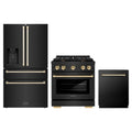 ZLINE 3-Piece Appliance Package - 30-Inch Paramount Dual Fuel Range, 36-Inch French Door Refrigerator with Water Dispenser, Dishwasher, in Black Stainless Steel with Gold Accents