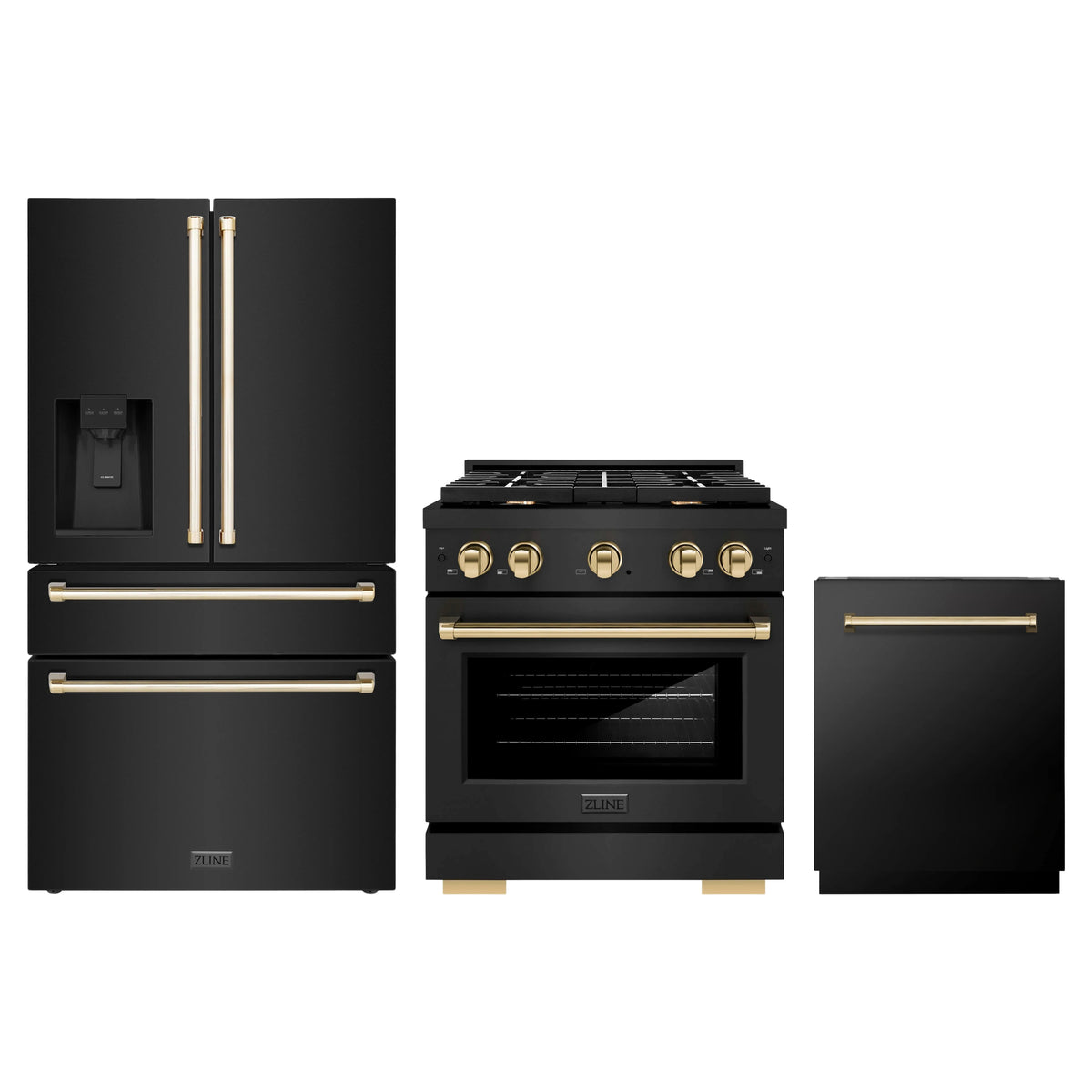 ZLINE 3-Piece Appliance Package - 30-Inch Paramount Dual Fuel Range, 36-Inch French Door Refrigerator with Water Dispenser, Dishwasher, in Black Stainless Steel with Gold Accents