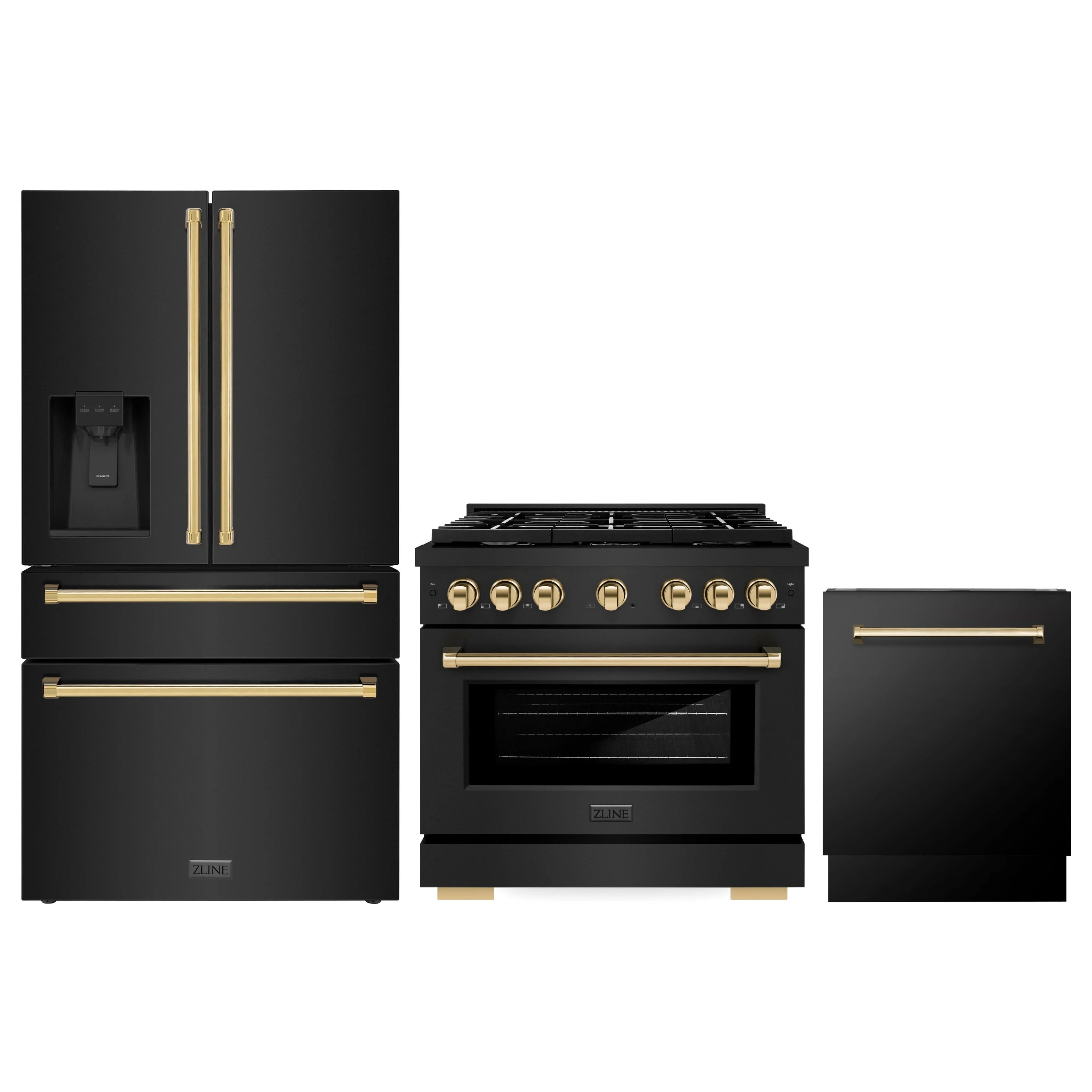 3-piece appliance package in black stainless with gold accents: range, fridge, dishwasher