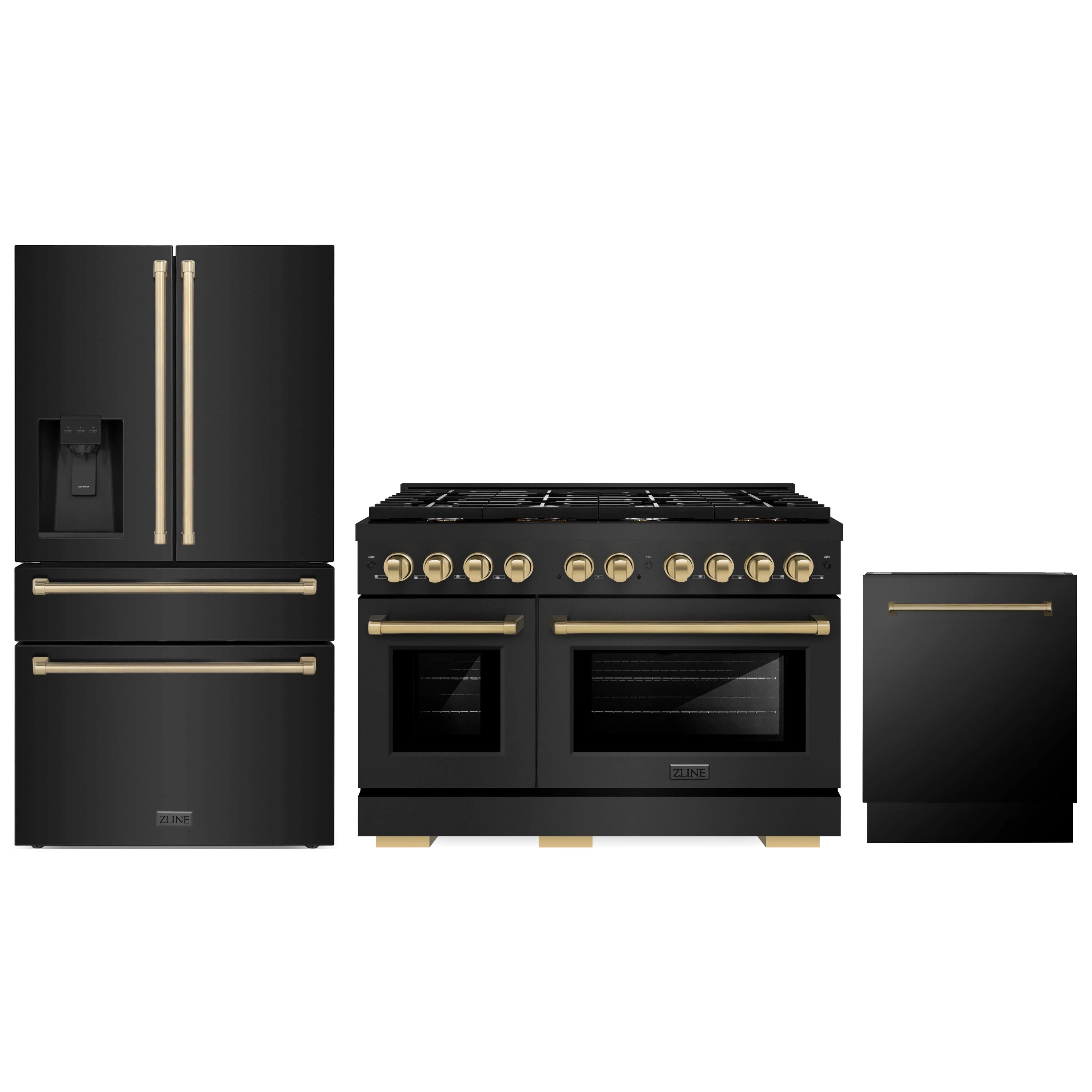 Black stainless steel appliance set with dual fuel range, refrigerator, and dishwasher