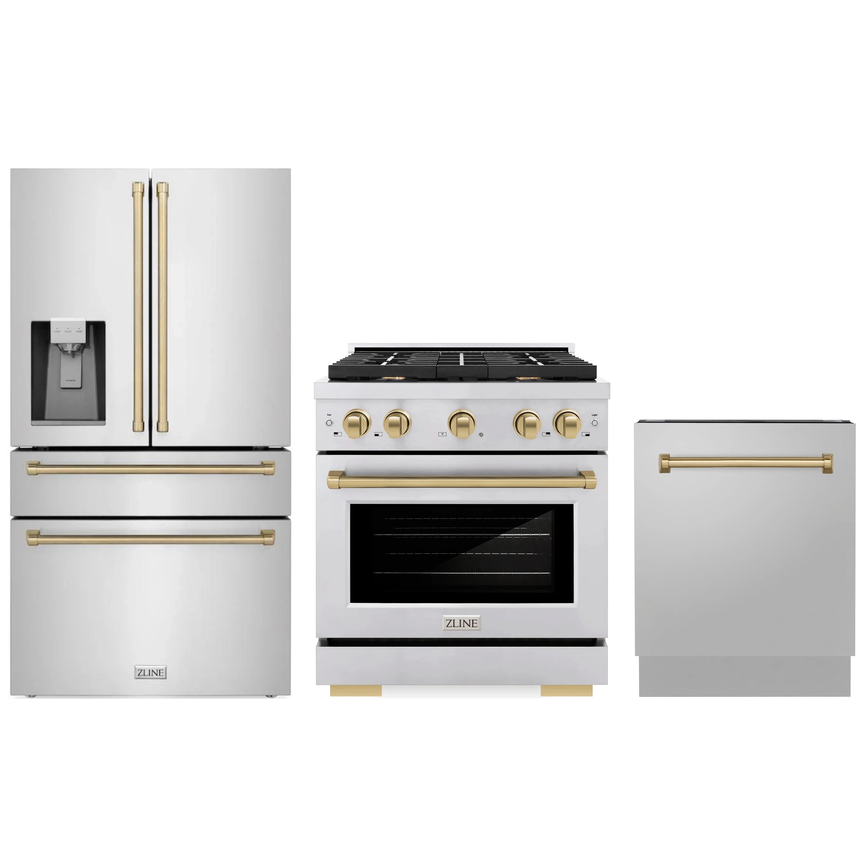 Stainless steel appliance package with dual fuel range, champagne bronze accents, and dishwasher