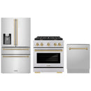 ZLINE 3-Piece Appliance Package - 30-Inch Paramount Autograph Dual Fuel Range, 36-Inch French Door Refrigerator with Water Dispenser, Dishwasher, in Stainless Steel with Champagne Bronze Accents