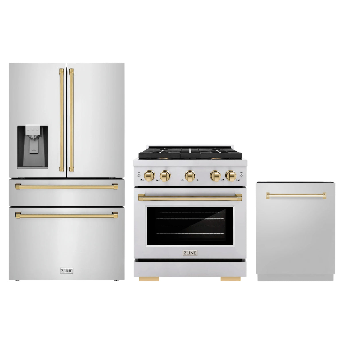 ZLINE 3-Piece Appliance Package - 30-Inch Paramount Autograph Dual Fuel Range, 36-Inch French Door Refrigerator with Water Dispenser, Dishwasher, in Stainless Steel with Gold Accents