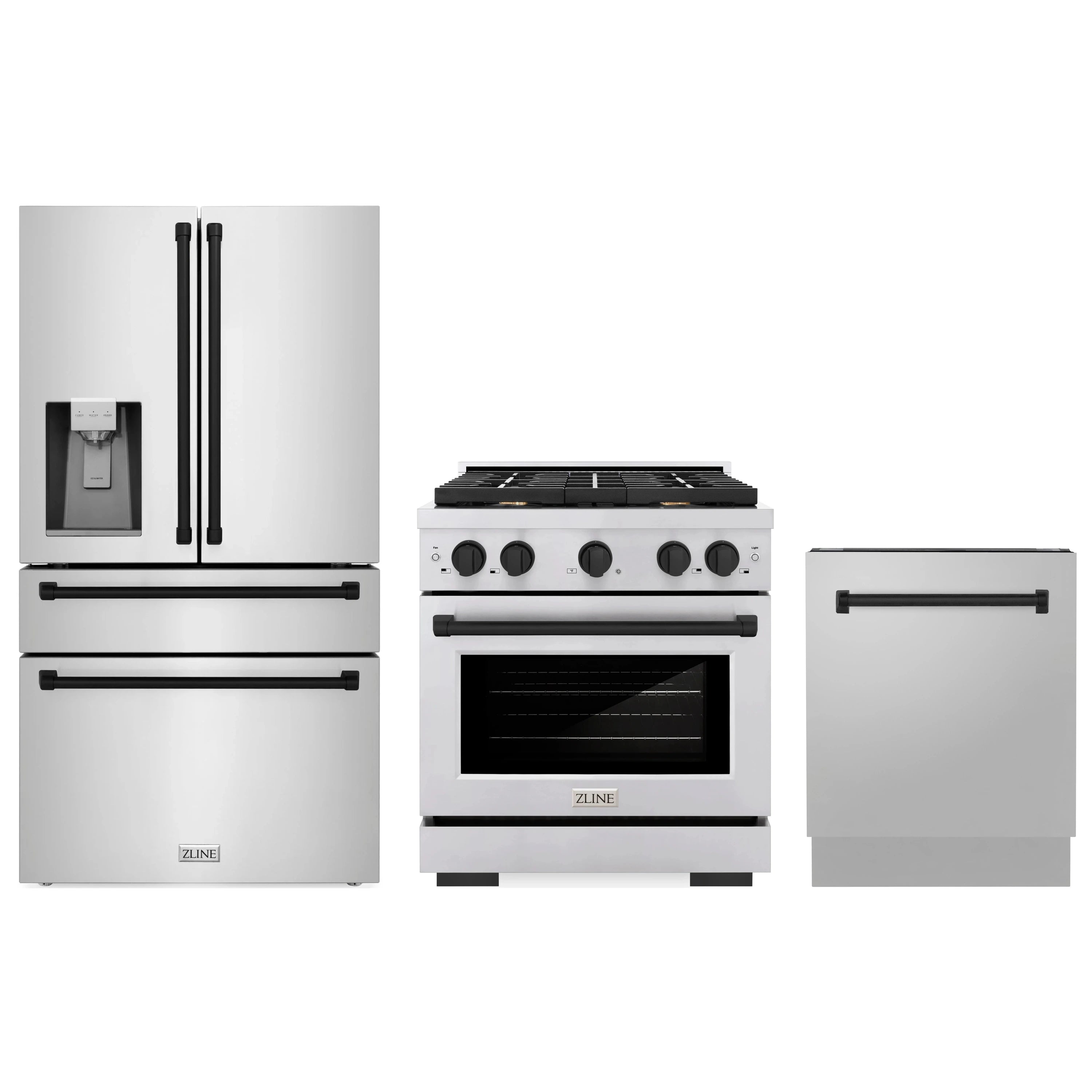 Stainless steel kitchen appliance set: french door refrigerator, range, and dishwasher