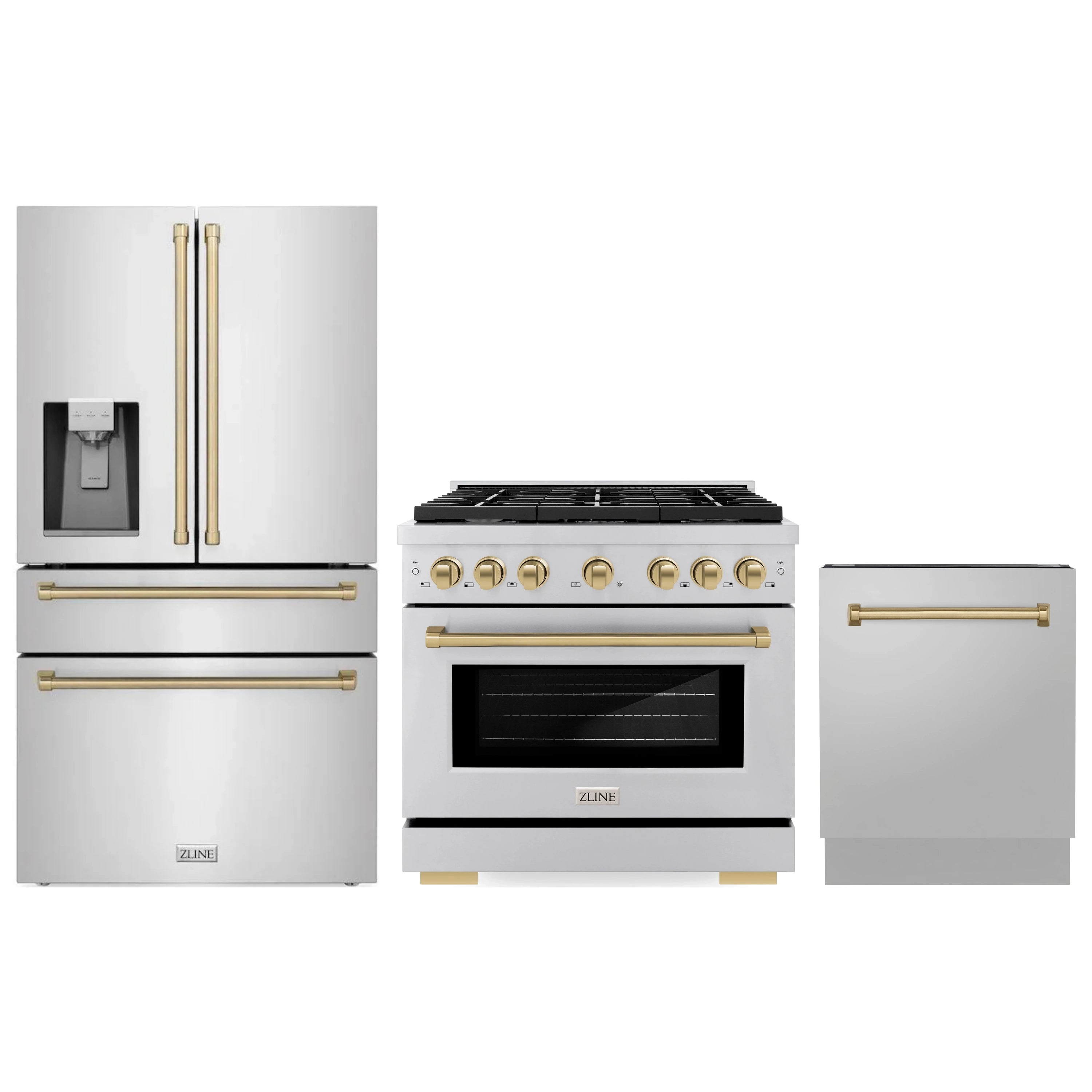 Stainless steel 3-piece appliance package with range, French door refrigerator, and dishwasher