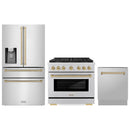 ZLINE 3-Piece Appliance Package - 36-Inch Paramount Autograph Dual Fuel Range, 36-Inch French Door Refrigerator with Water Dispenser, Dishwasher, in Stainless Steel with Champagne Bronze Accents