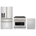 ZLINE 3-Piece Appliance Package - 36-Inch Paramount Autograph Dual Fuel Range, 36-Inch French Door Refrigerator with Water Dispenser, Dishwasher, in Stainless Steel with Gold Accents