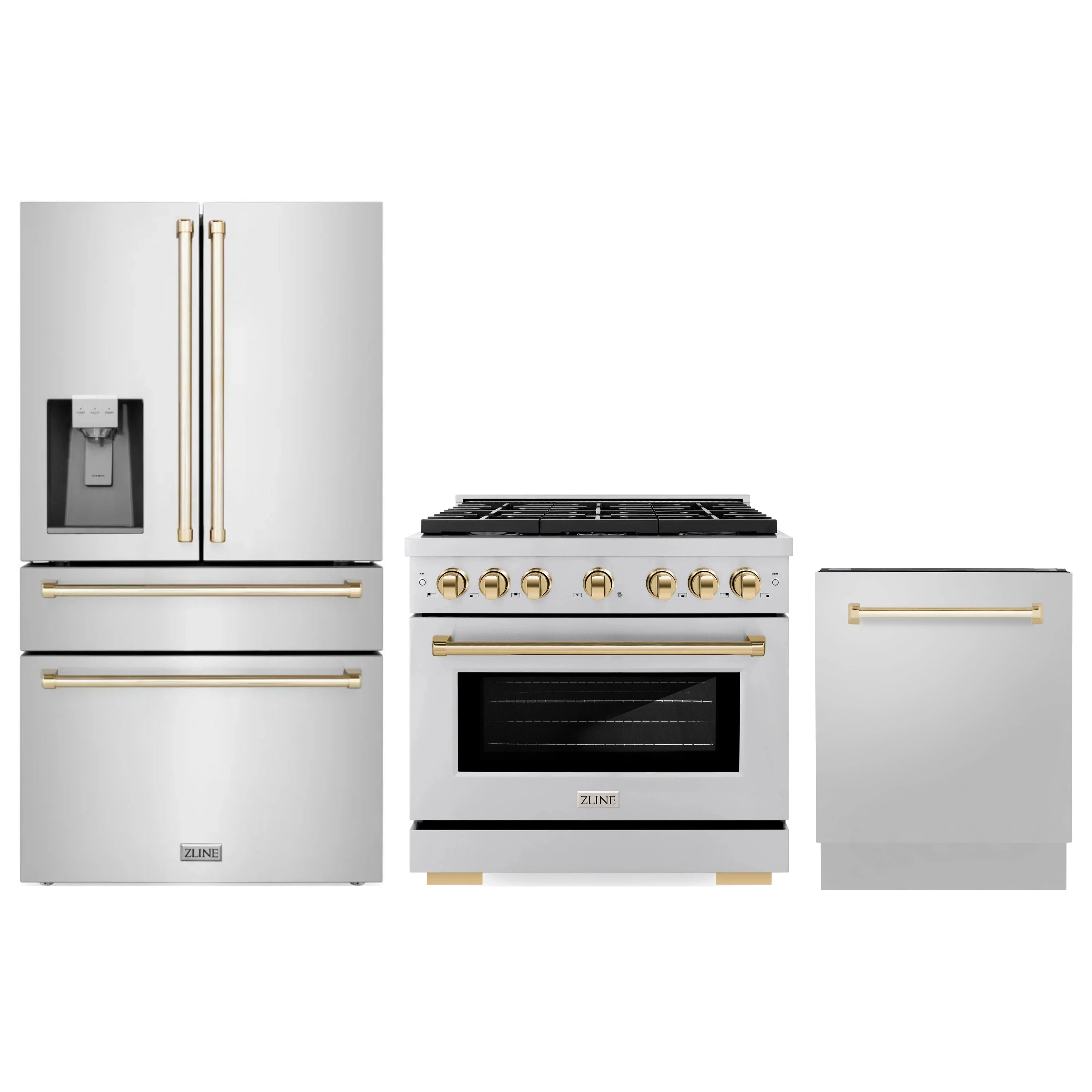 Stainless steel appliance set with range, refrigerator with water dispenser, and dishwasher