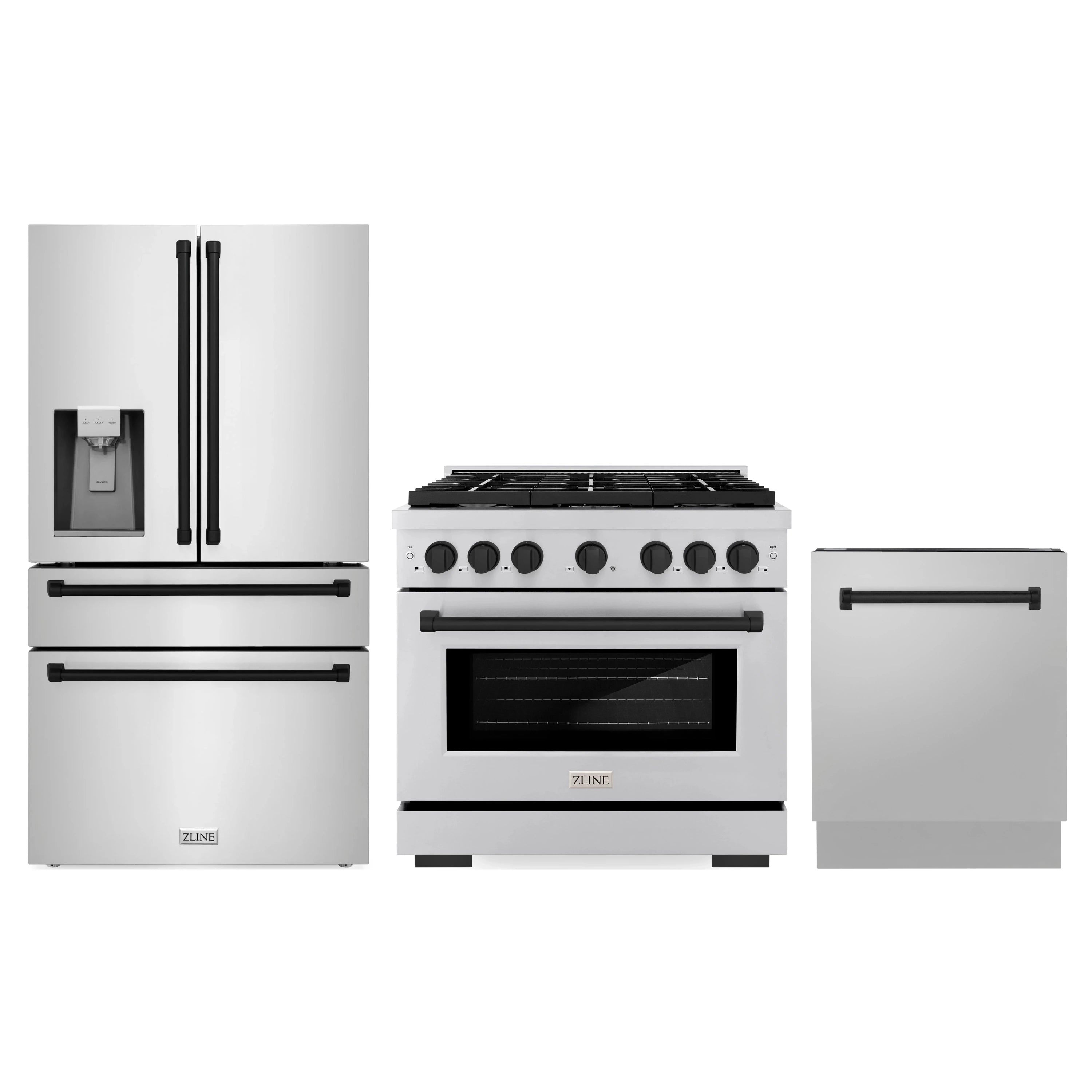 3-piece appliance set: stainless French-door fridge, dual-fuel range, black-accent dishwasher