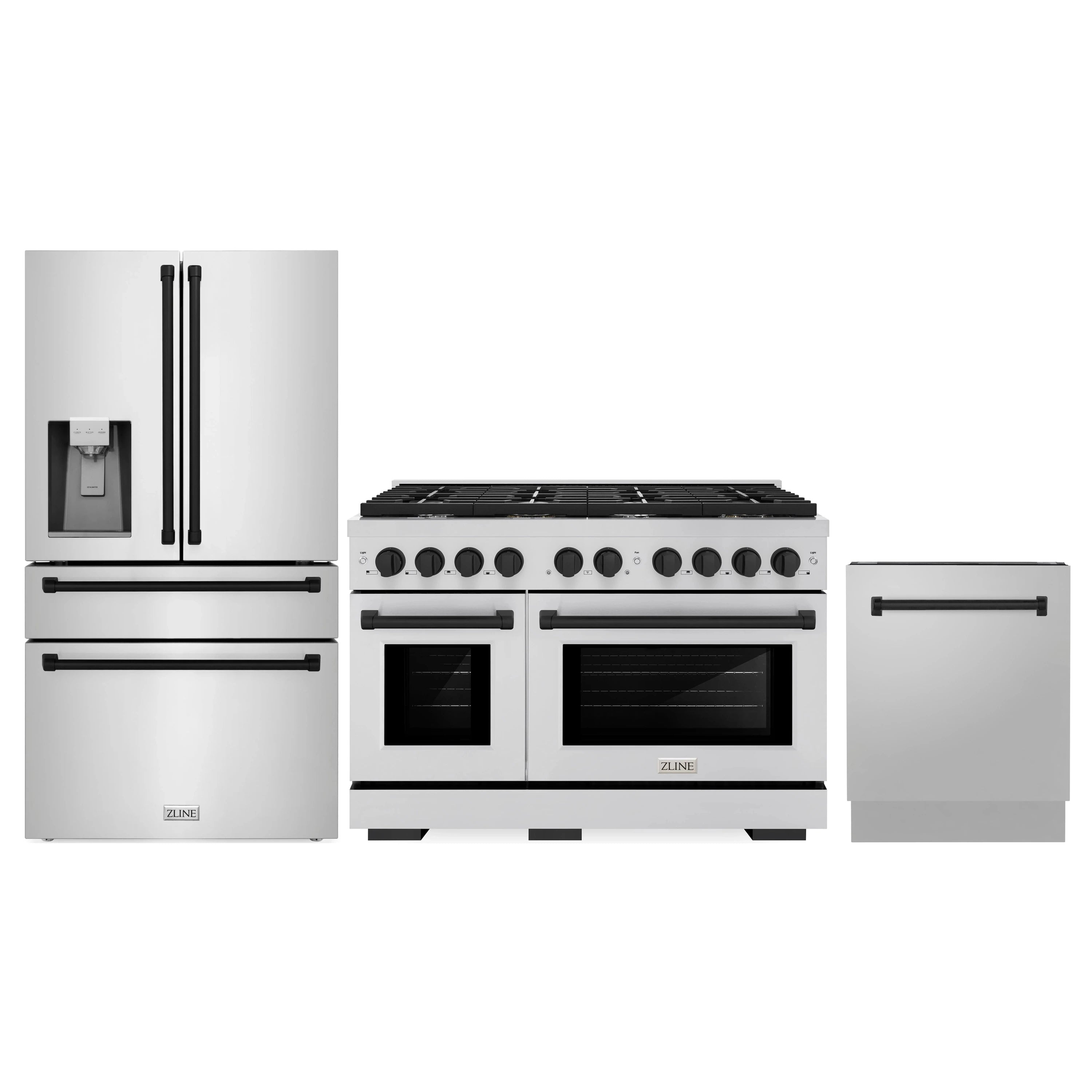 3-piece stainless appliance package: range, French-door fridge with dispenser, dishwasher