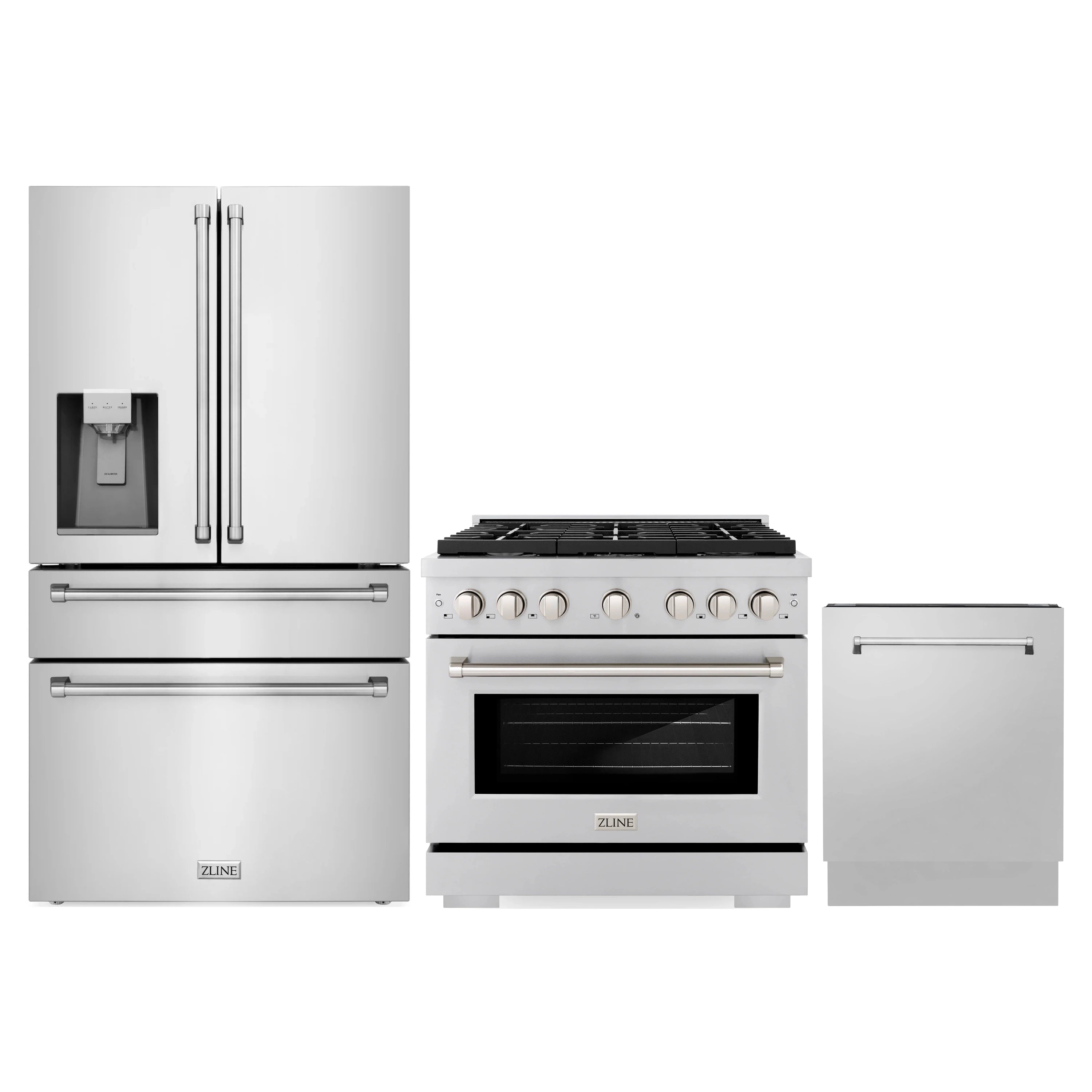 Stainless appliance package with French-door refrigerator, gas range, and dishwasher