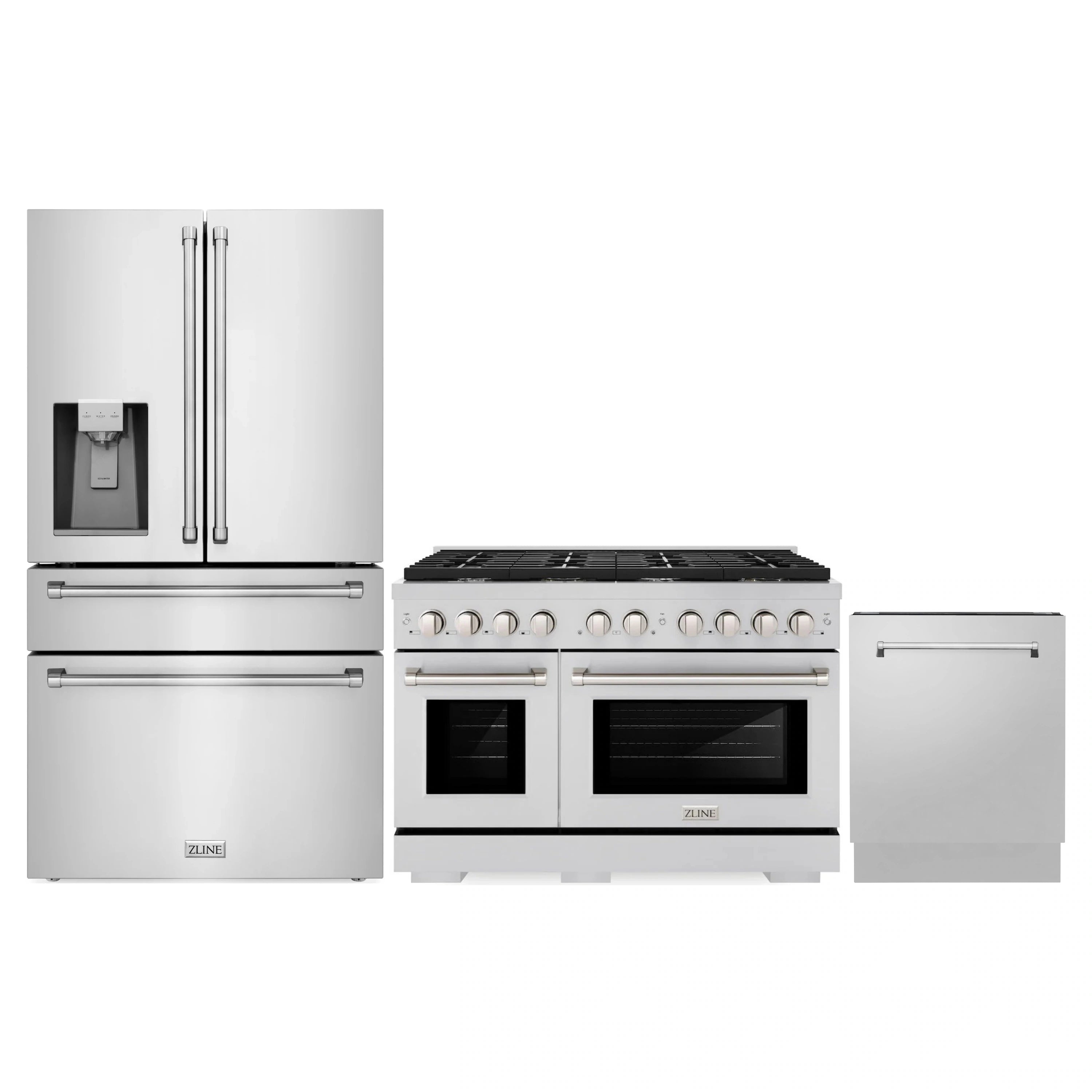 Stainless steel kitchen appliance set: French-door refrigerator, gas range, dishwasher