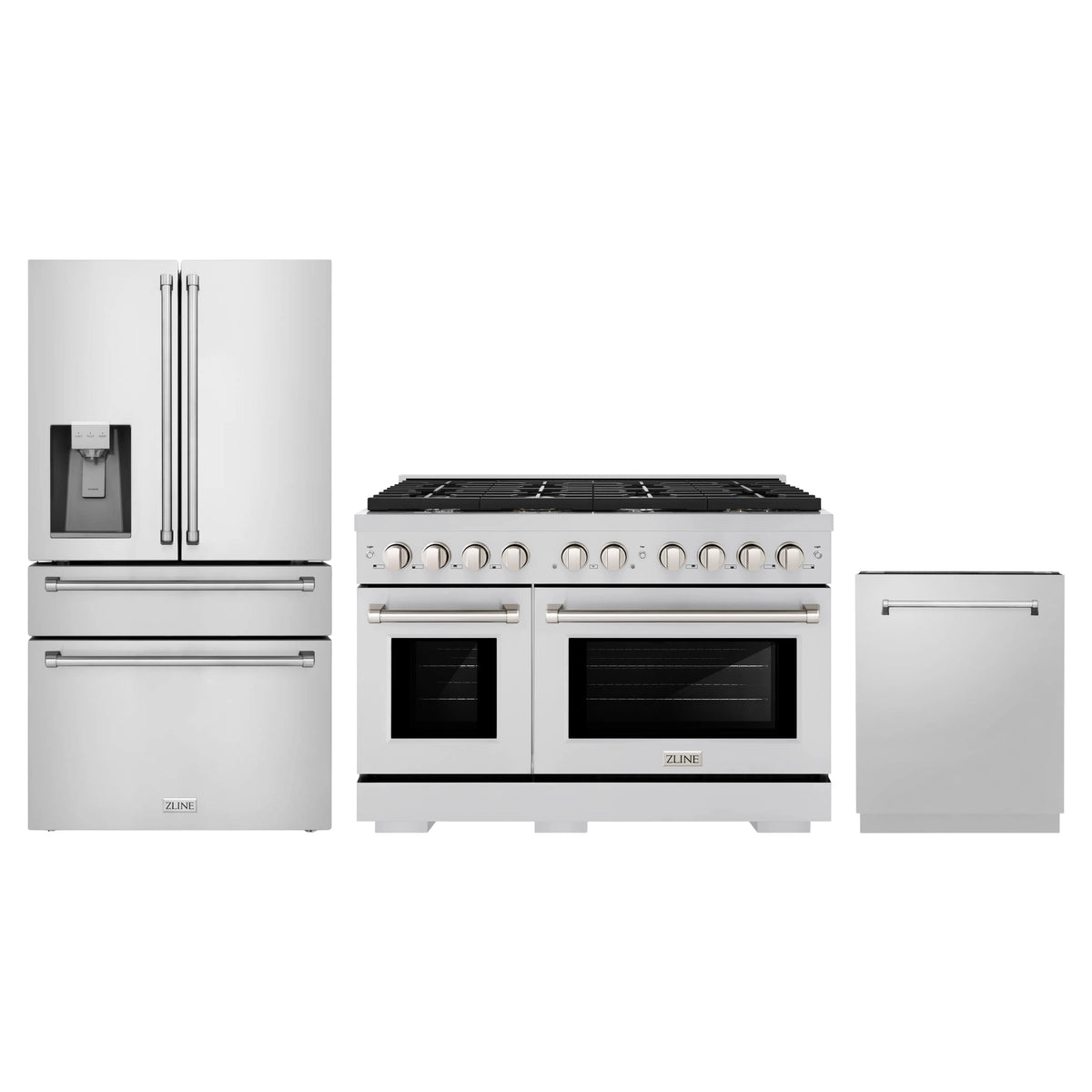 ZLINE 3-Piece Appliance Package - 48-Inch Paramount Gas Range, 36-Inch French Door Refrigerator with Water Dispenser, Dishwasher, in Stainless Steel