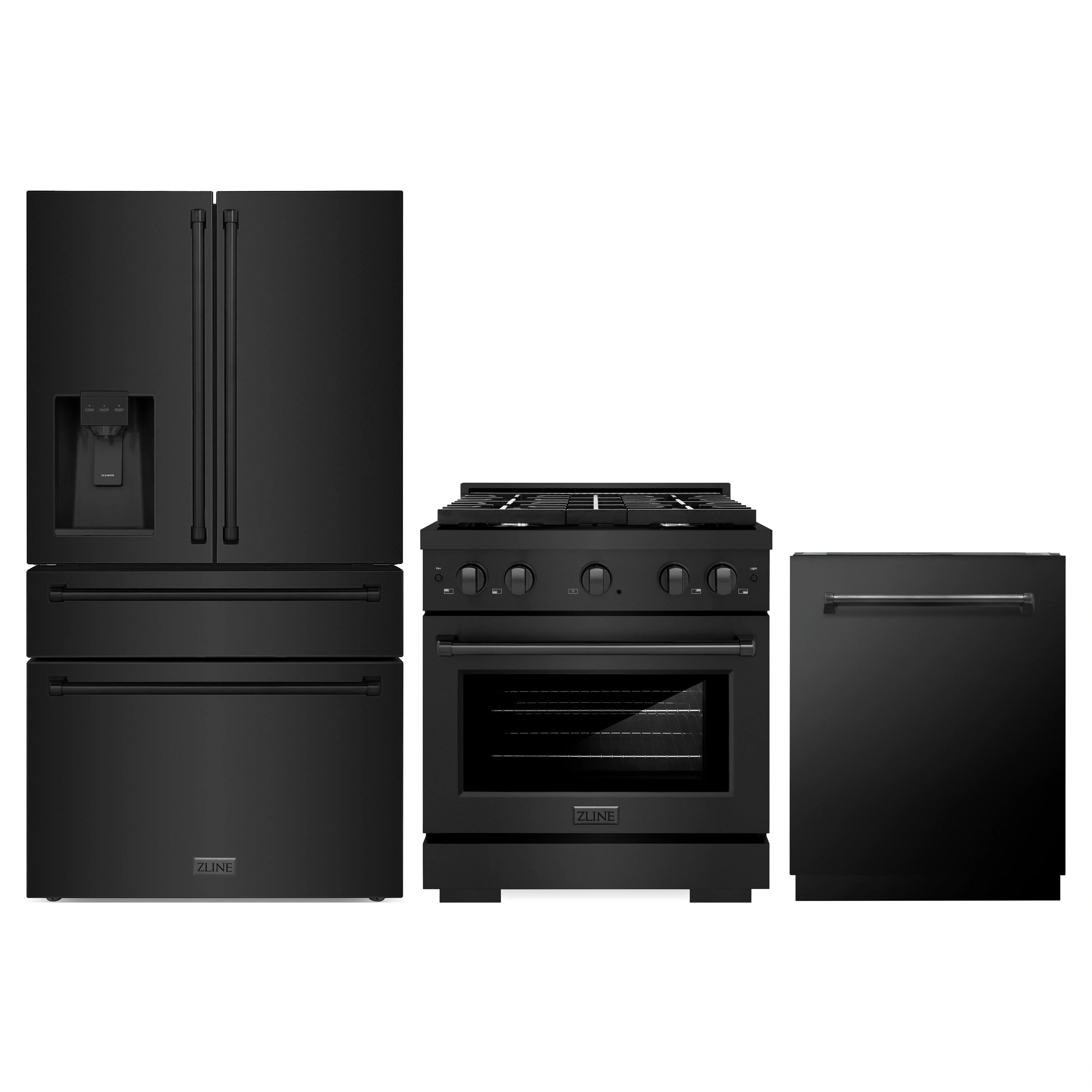 Black stainless 3-piece set: fridge, gas range, dishwasher