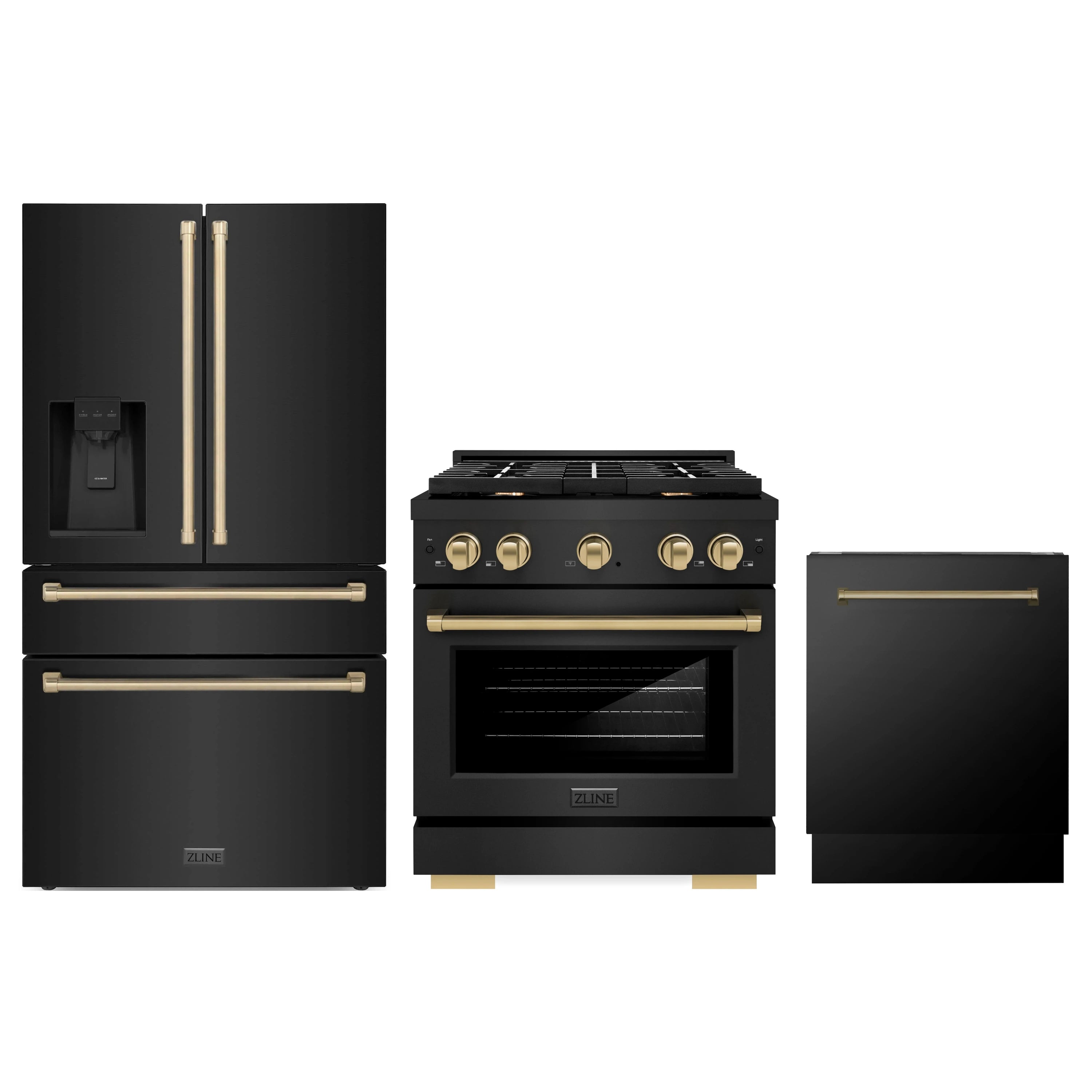 Black stainless French door refrigerator, gas range, and dishwasher set with bronze accents