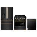 ZLINE 3-Piece Appliance Package - 30-Inch Paramount Gas Range, 36-Inch French Door Refrigerator with Water Dispenser, Dishwasher, in Black Stainless Steel with Champagne Bronze Accents