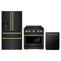 ZLINE 3-Piece Appliance Package - 30-Inch Paramount Gas Range, 36-Inch French Door Refrigerator with Water Dispenser, Dishwasher, in Black Stainless Steel with Champagne Bronze Accents