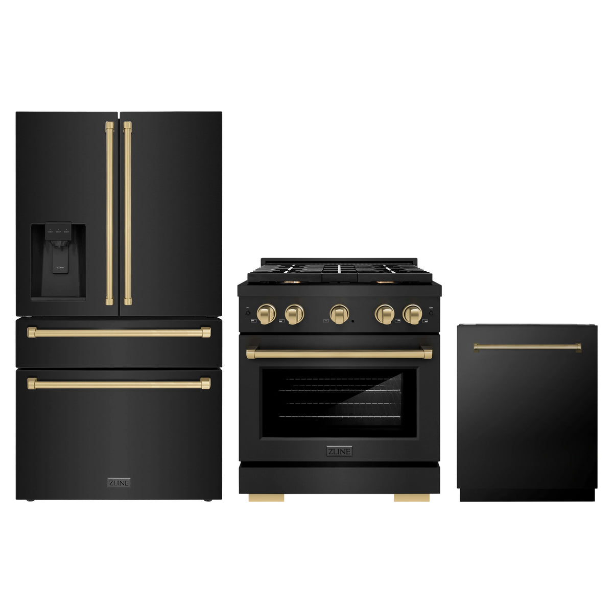 ZLINE 3-Piece Appliance Package - 30-Inch Paramount Gas Range, 36-Inch French Door Refrigerator with Water Dispenser, Dishwasher, in Black Stainless Steel with Champagne Bronze Accents