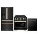 ZLINE 3-Piece Appliance Package - 30-Inch Paramount Gas Range, 36-Inch French Door Refrigerator with Water Dispenser, Dishwasher, in Black Stainless Steel with Gold Accents