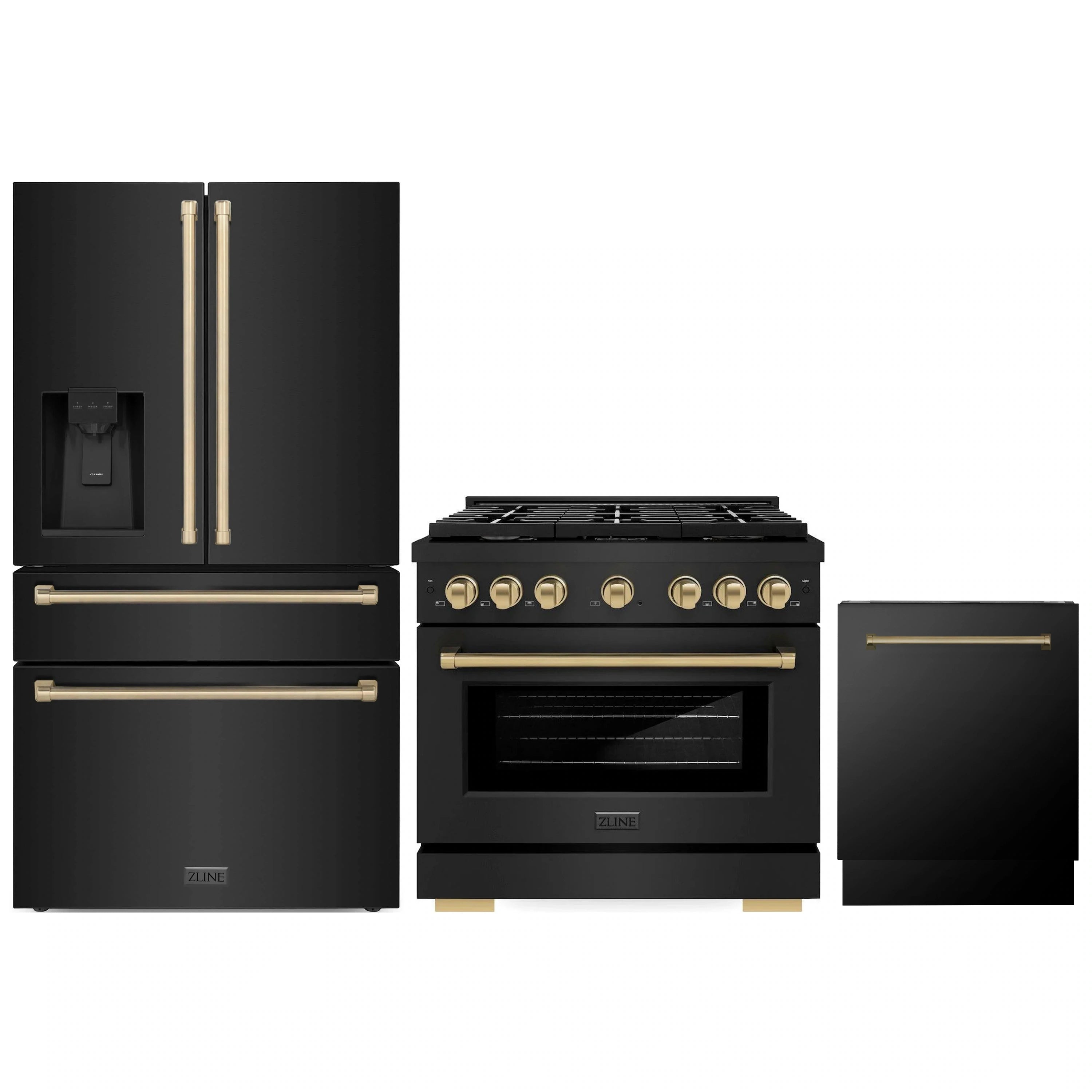 Three-piece black stainless appliance set: fridge with water, gas range, dishwasher