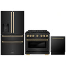 ZLINE 3-Piece Appliance Package - 36-Inch Paramount Gas Range, 36-Inch French Door Refrigerator with Water Dispenser, Dishwasher, in Black Stainless Steel with Champagne Bronze Accents