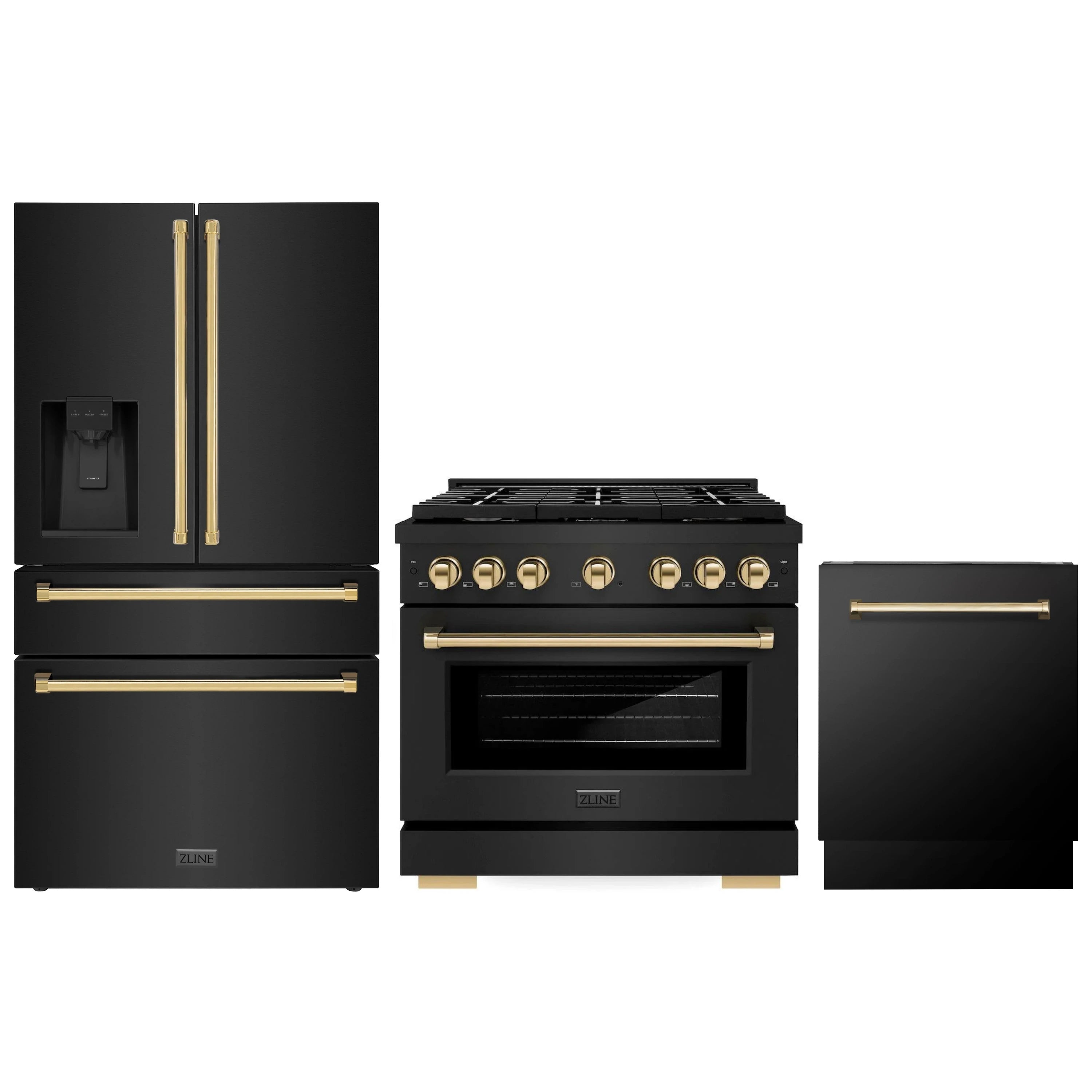 Black stainless appliance set with French-door fridge, gas range, and dishwasher