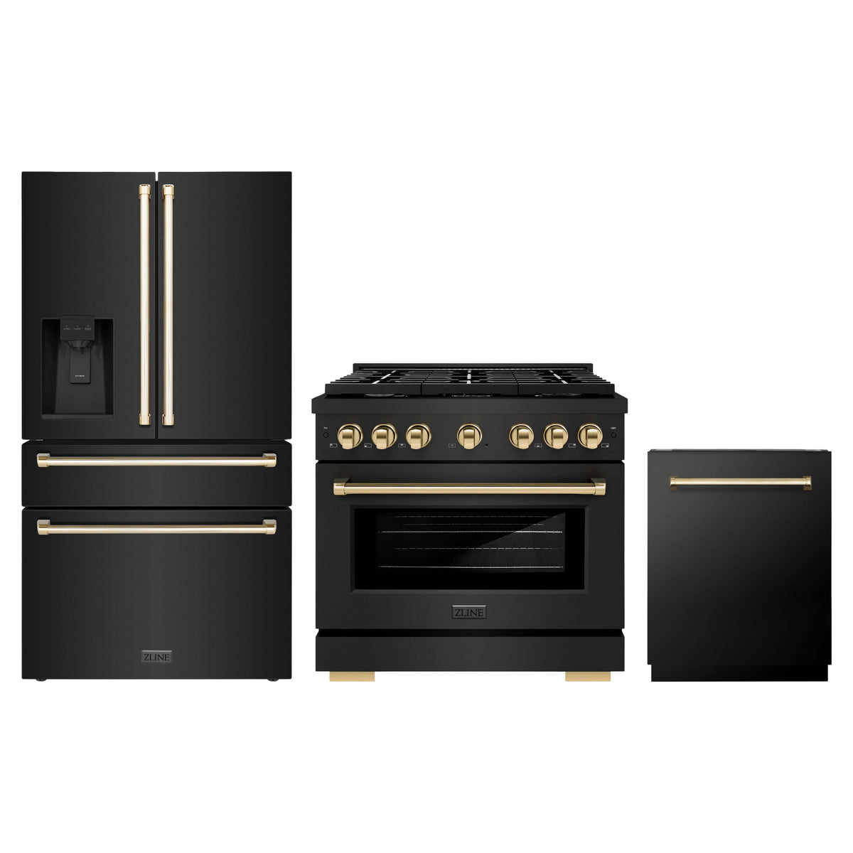 ZLINE 3-Piece Appliance Package - 36-Inch Paramount Gas Range, 36-Inch French Door Refrigerator with Water Dispenser, Dishwasher, in Black Stainless Steel with Gold Accents