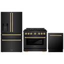ZLINE 3-Piece Appliance Package - 36-Inch Paramount Gas Range, 36-Inch French Door Refrigerator with Water Dispenser, Dishwasher, in Black Stainless Steel with Gold Accents