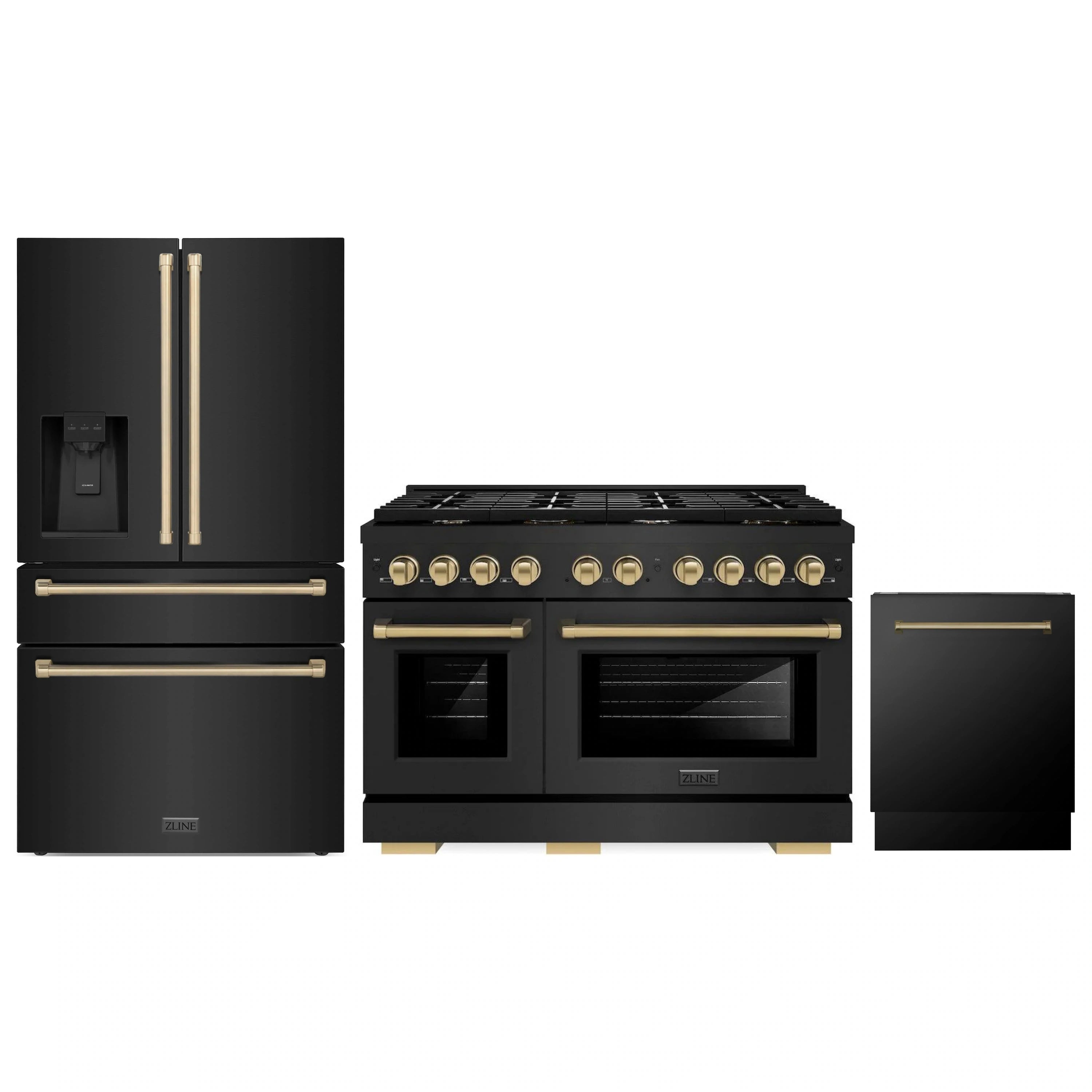Three-piece black stainless appliance package with champagne bronze handles