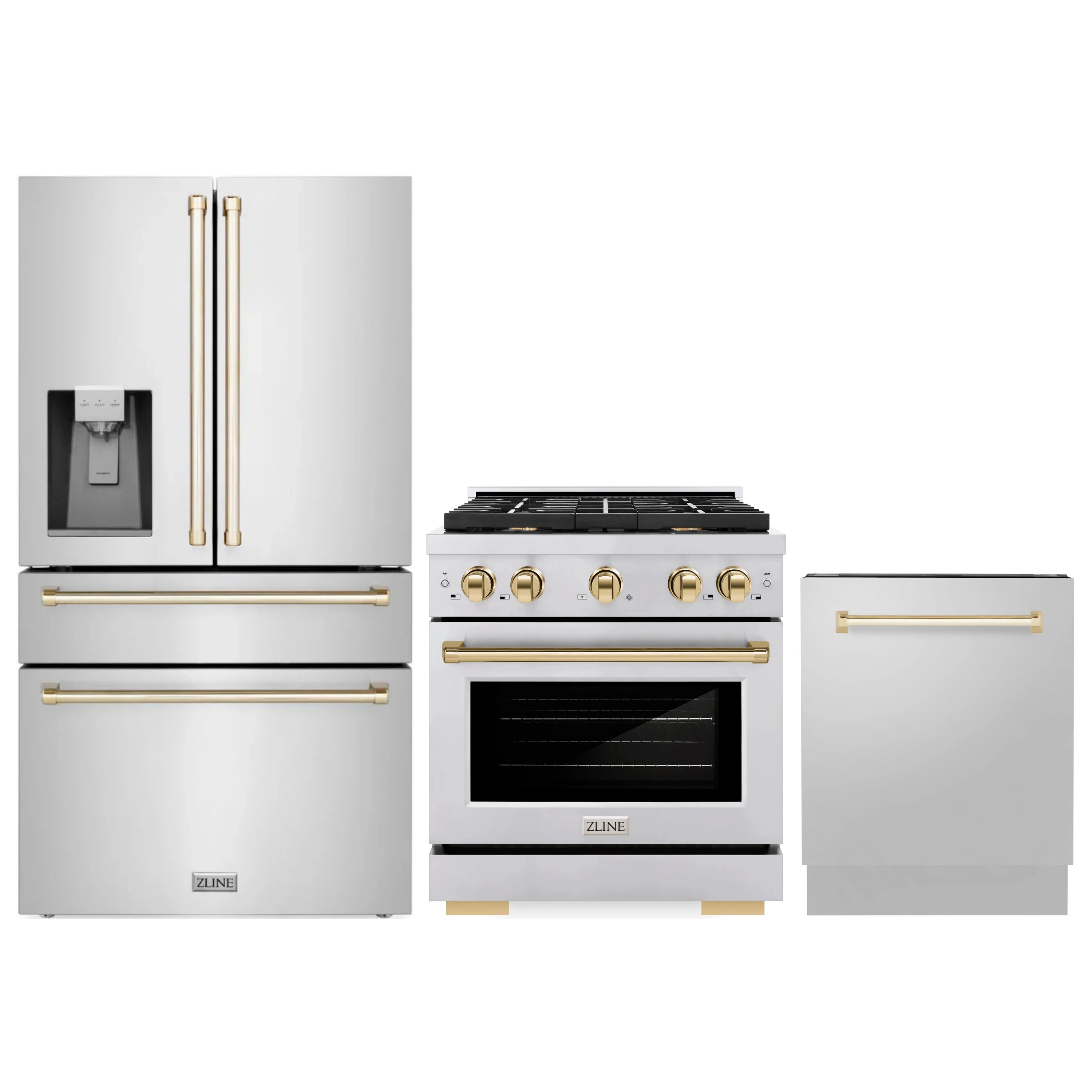Stainless steel refrigerator, gas range, and dishwasher with champagne bronze accents