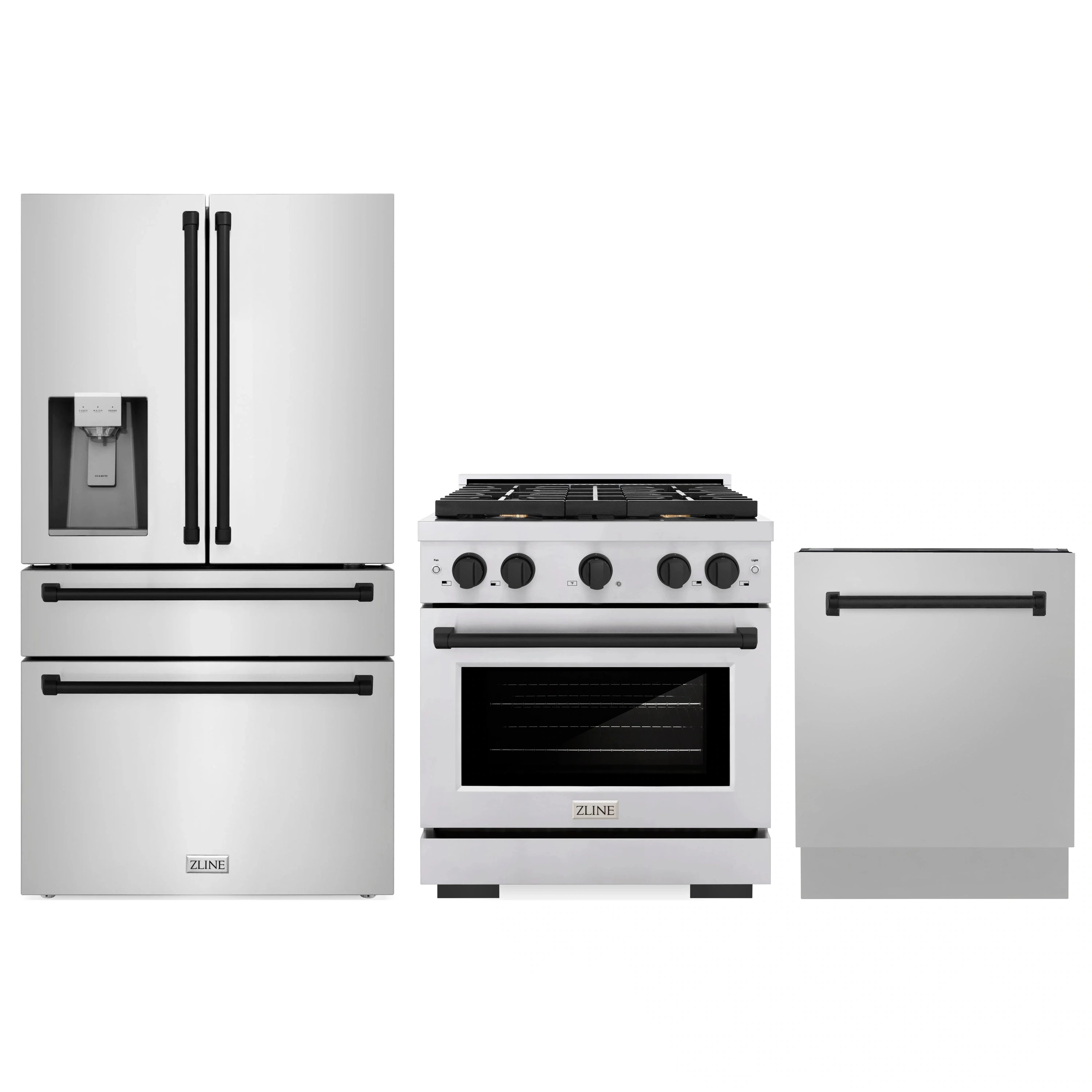 Stainless steel 3-piece appliance package with matte black accents