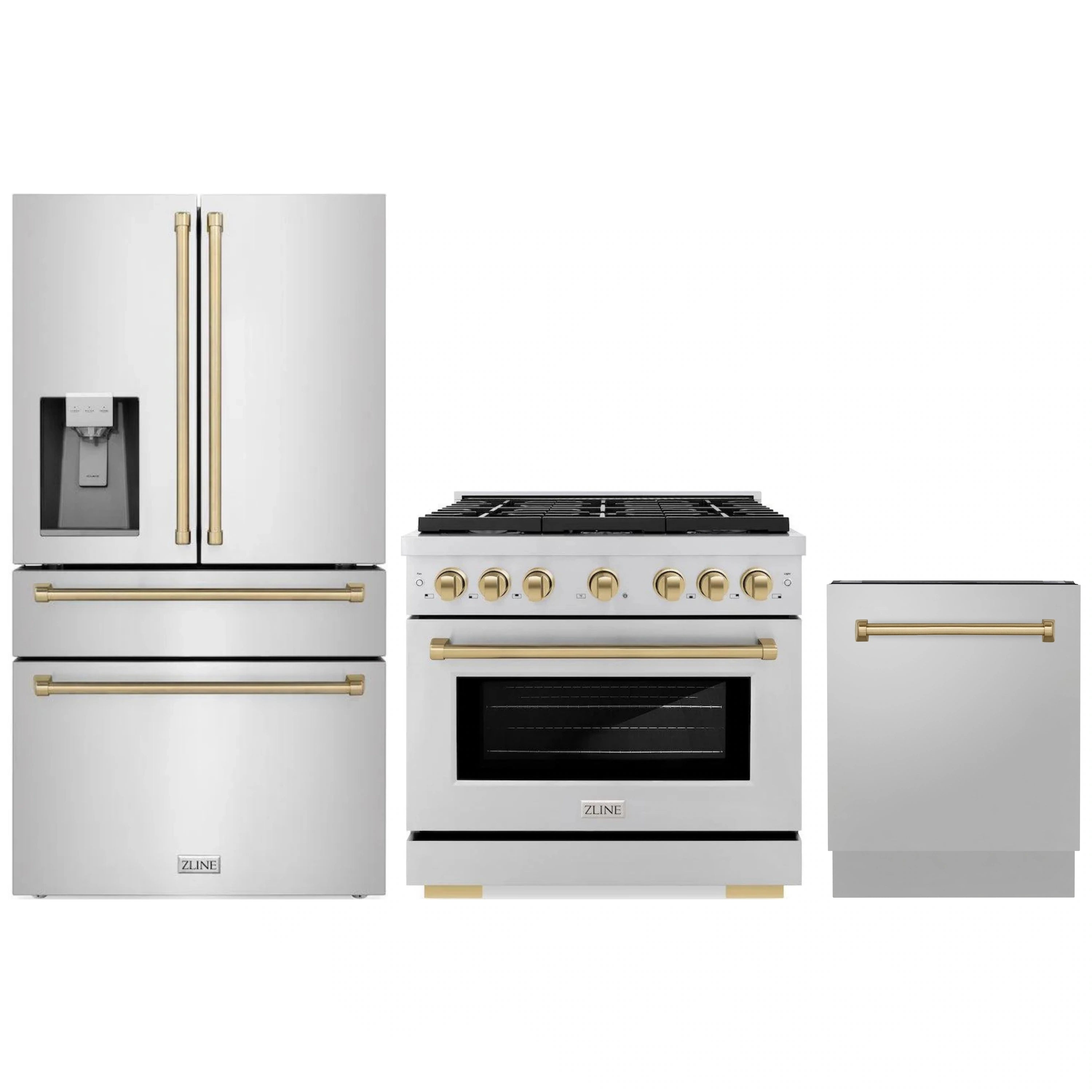 Stainless steel appliance package with gas range, French door refrigerator, and dishwasher