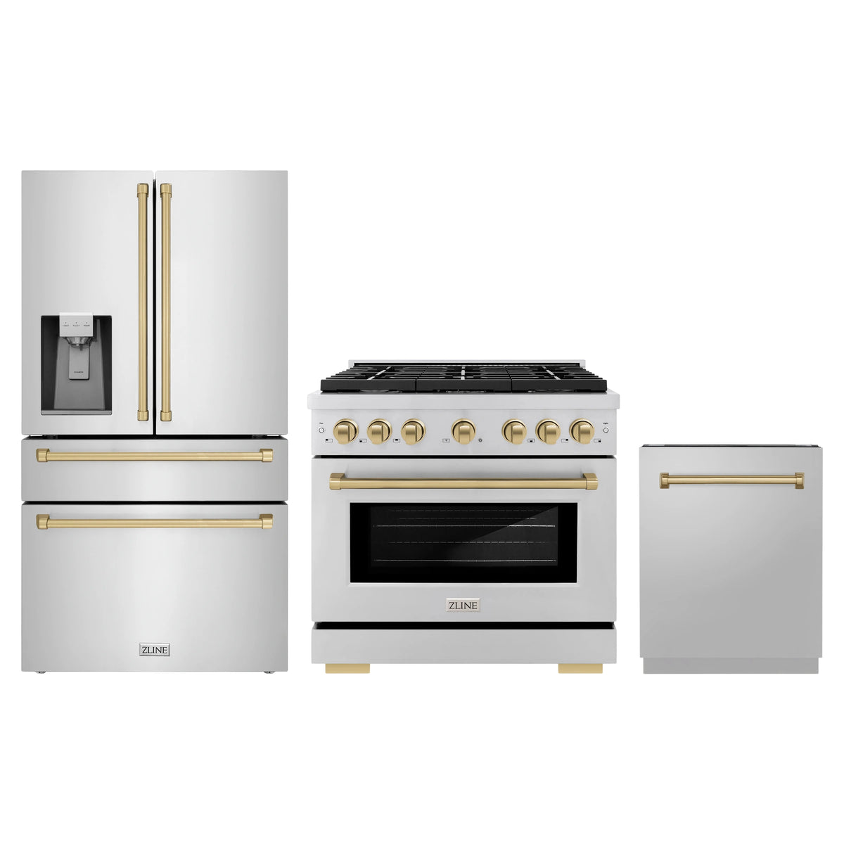 ZLINE 3-Piece Appliance Package - 36-Inch Paramount Autograph Gas Range, 36-Inch French Door Refrigerator with Water Dispenser, Dishwasher, in Stainless Steel with Champagne Bronze Accents